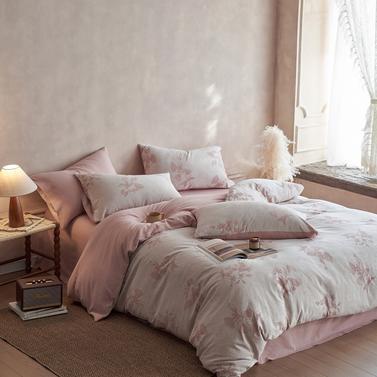 91家纺网 家纺一手货源 找家纺 清雅福 2025新款A类全棉水洗色织大提花四件套 格林特-暗粉