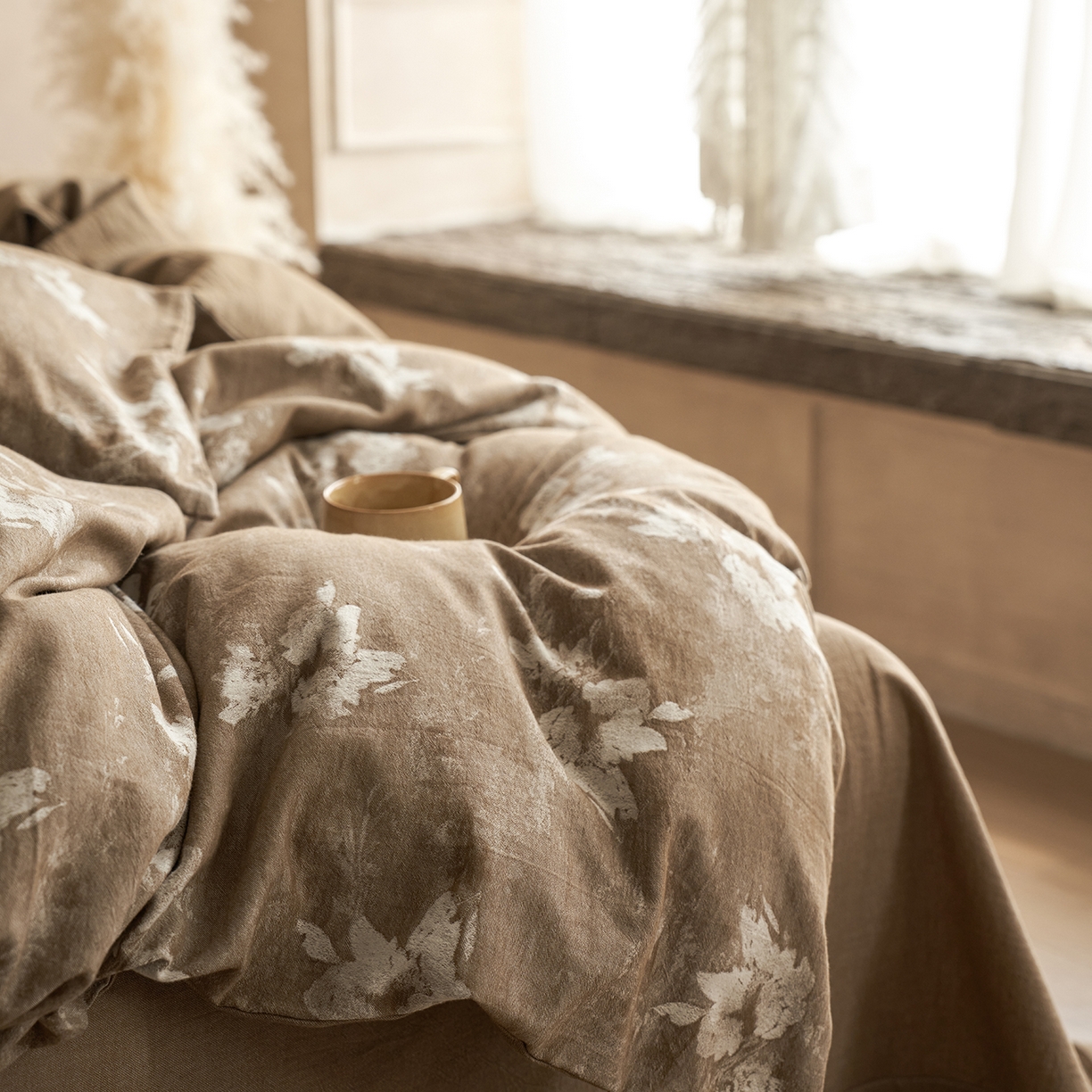 91家纺网 家纺一手货源 找家纺 清雅福 2025新款A类全棉水洗色织大提花四件套 繁花说-茶咖