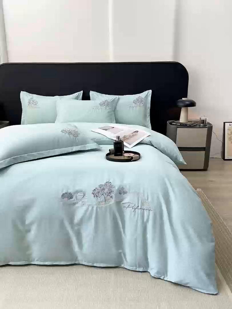 91家纺网 家纺一手货源 找家纺 昊翔家纺 2025新款全棉肌理纹磨毛绣花四件套套件 森沐-青茶绿