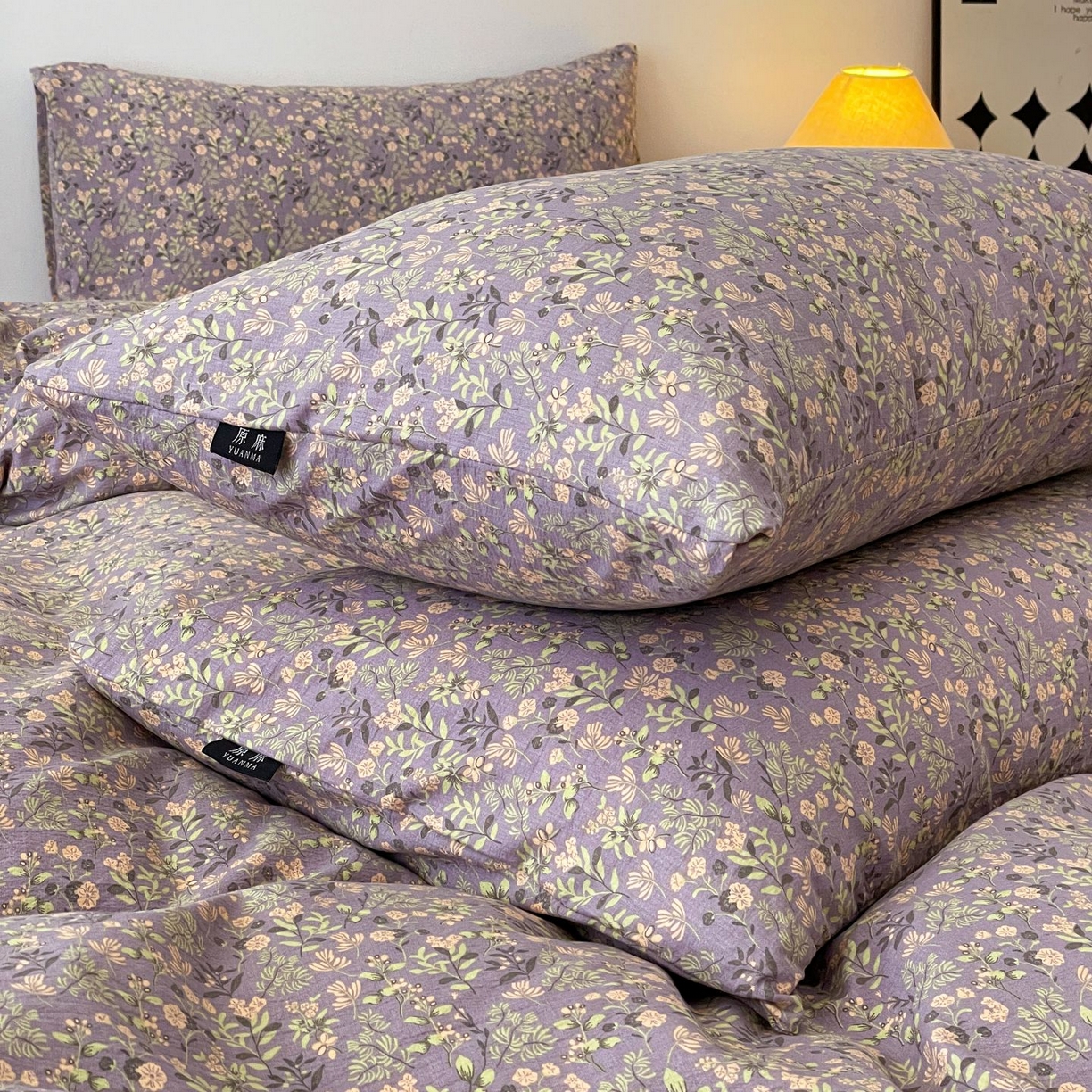 91家纺网 家纺一手货源 找家纺 典曼家纺 2025秋冬新款A类高克重亚麻复古诧季风原麻系列四件套 洛檀紫