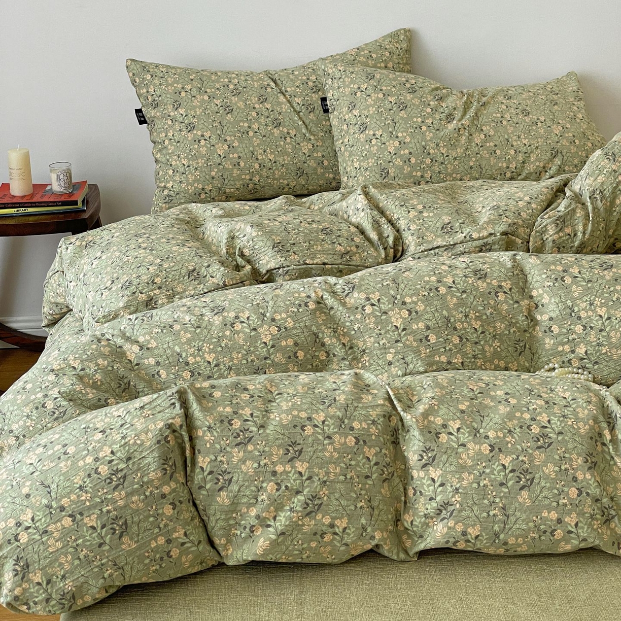 91家纺网 家纺一手货源 找家纺 典曼家纺 2025秋冬新款A类高克重亚麻复古诧季风原麻系列四件套 绿意