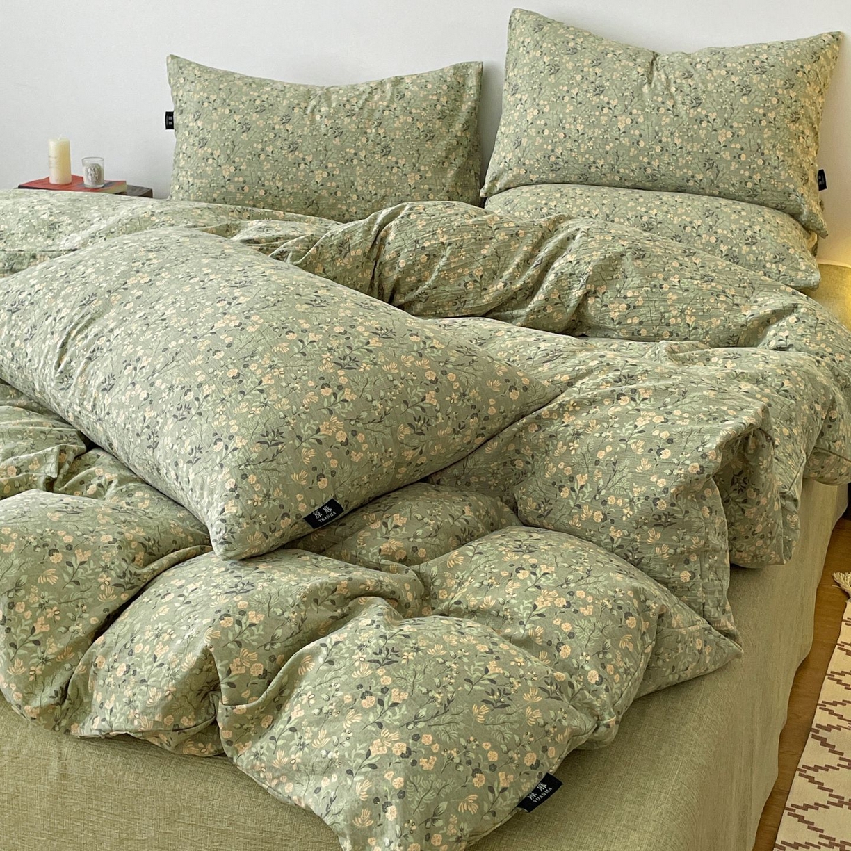 91家纺网 家纺一手货源 找家纺 典曼家纺 2025秋冬新款A类高克重亚麻复古诧季风原麻系列四件套 绿意