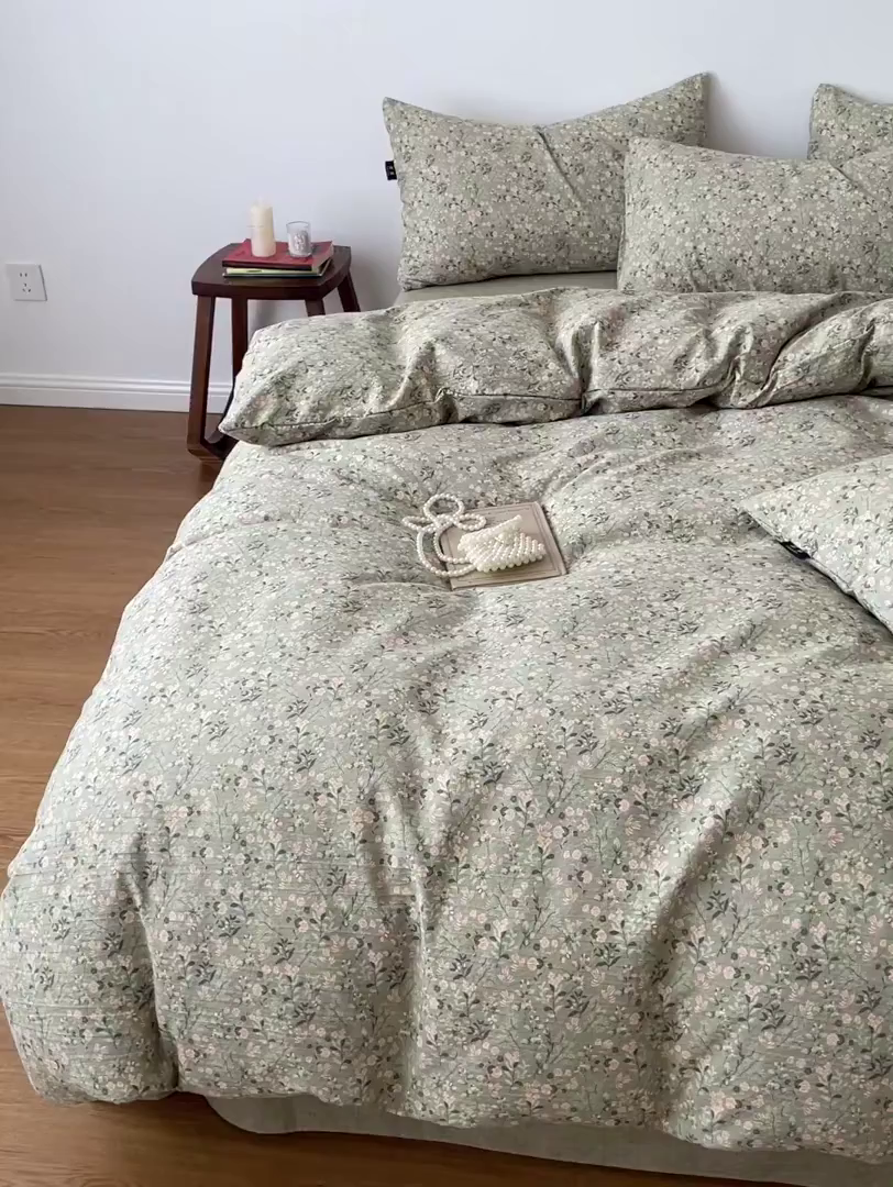 91家纺网 家纺一手货源 找家纺 典曼家纺 2025秋冬新款A类高克重亚麻复古诧季风原麻系列四件套 绿意