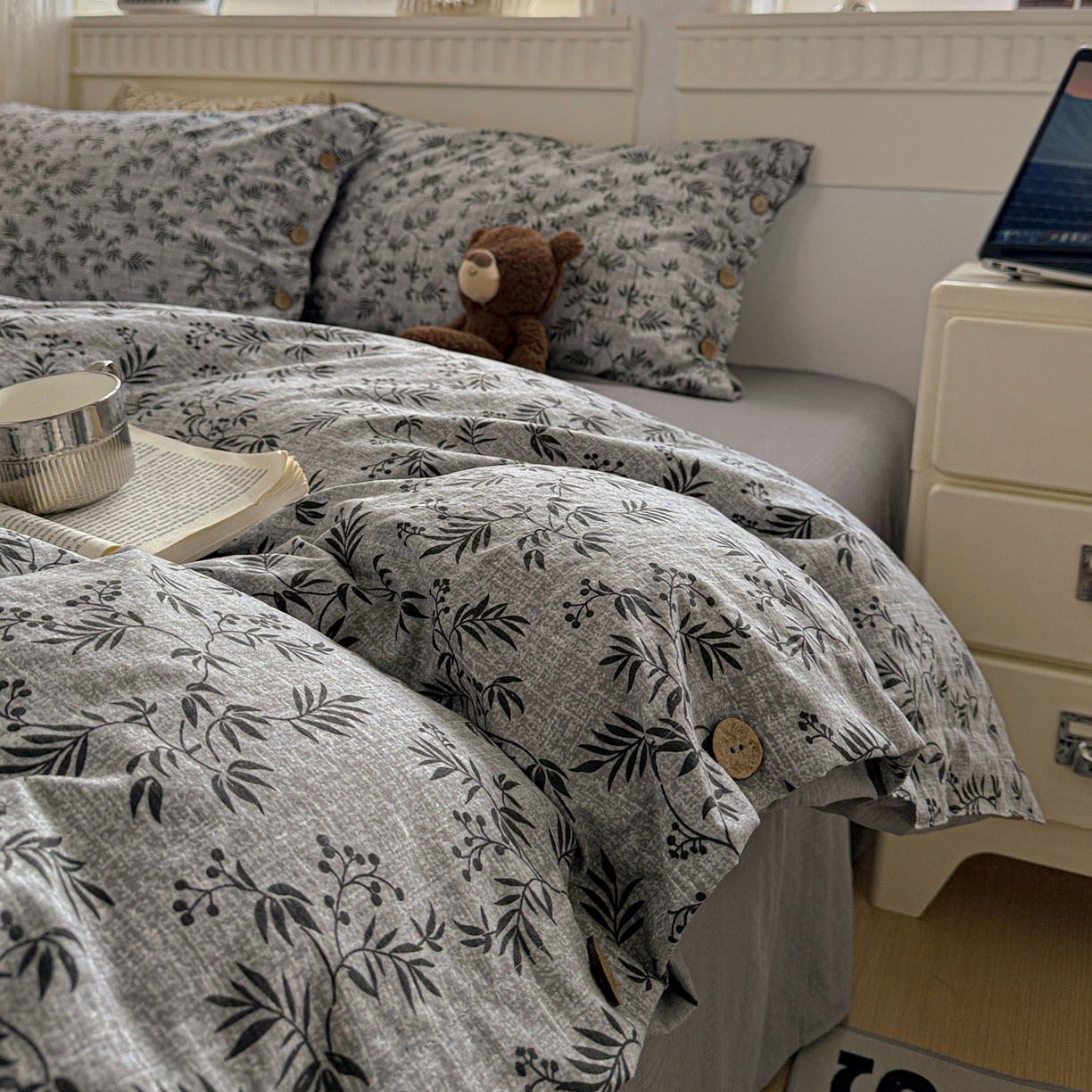 91家纺网 家纺一手货源 找家纺 （总）水墨江南 2025新款原麻复古印花纽扣款四件套