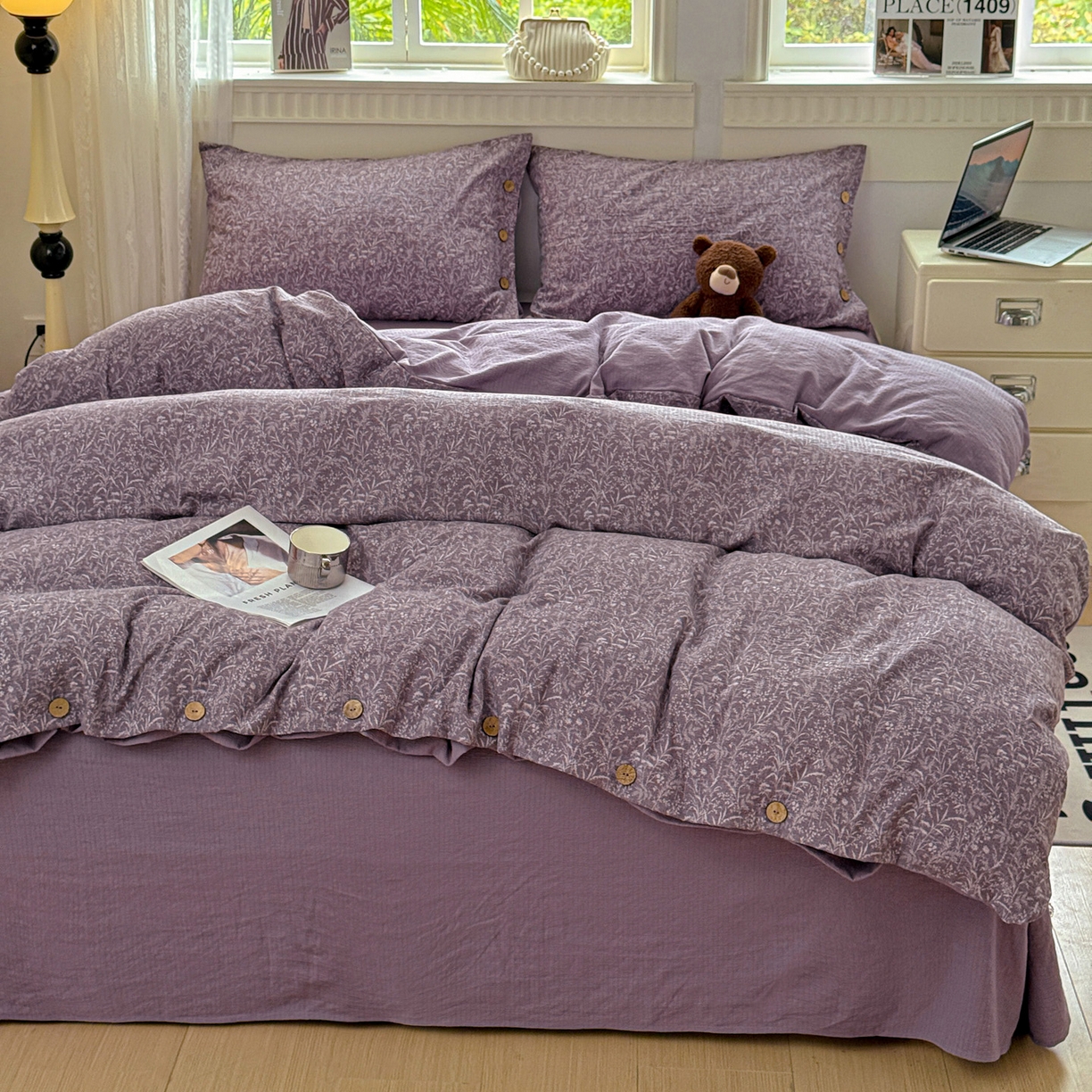 91家纺网 家纺一手货源 找家纺 水墨江南 2025新款原麻复古印花纽扣款四件套 叶影