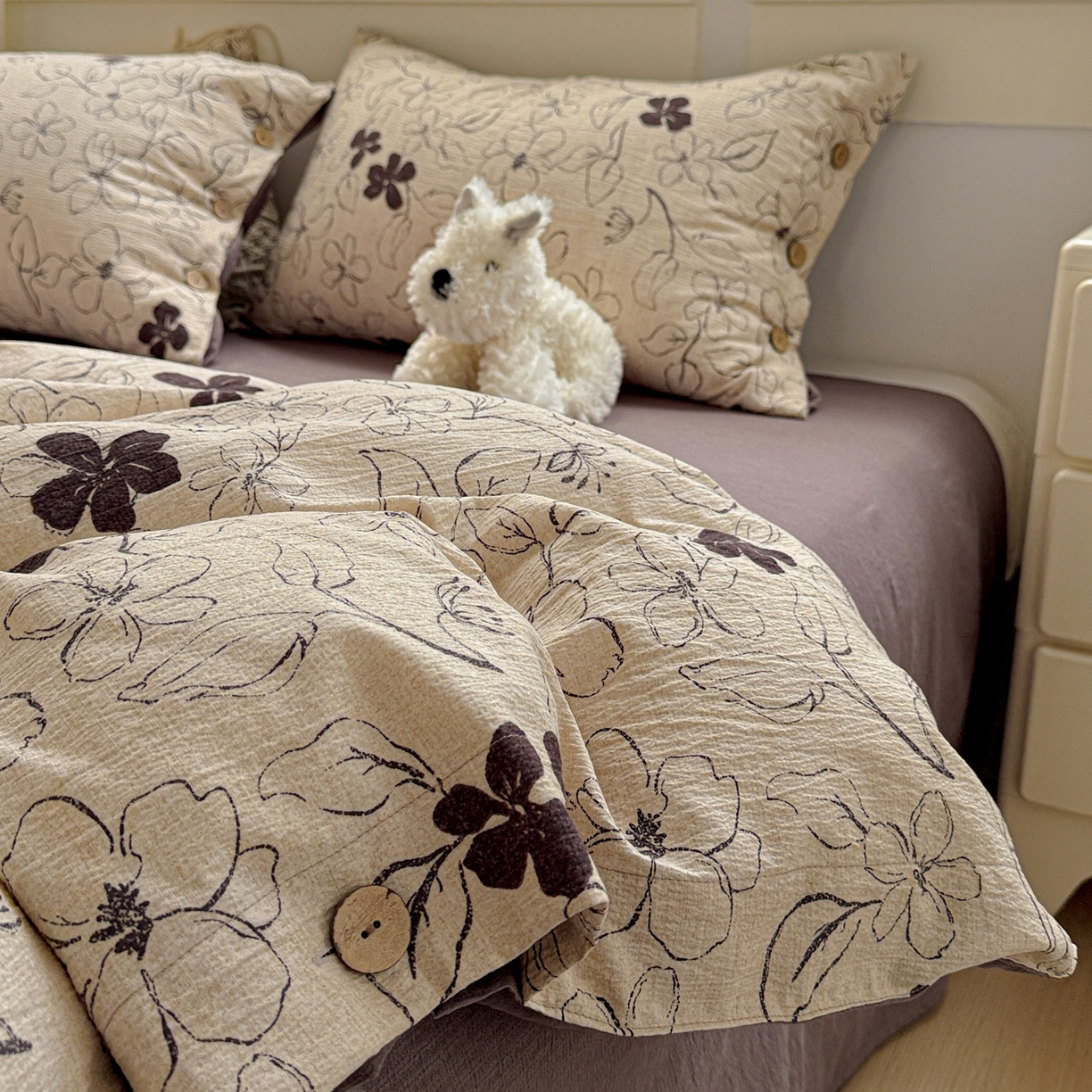 91家纺网 家纺一手货源 找家纺 （总）水墨江南 2025新款原麻复古印花纽扣款四件套