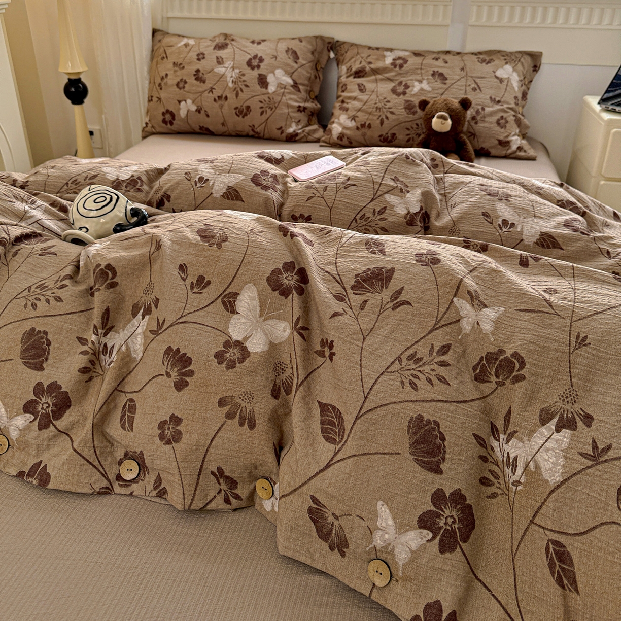 91家纺网 家纺一手货源 找家纺 （总）水墨江南 2025新款原麻复古印花纽扣款四件套