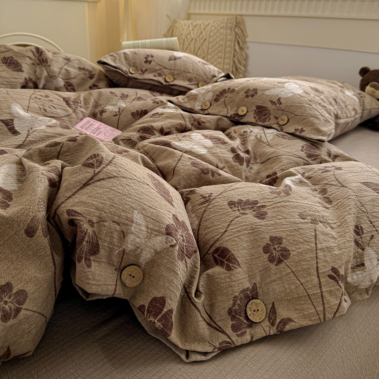 91家纺网 家纺一手货源 找家纺 （总）水墨江南 2025新款原麻复古印花纽扣款四件套