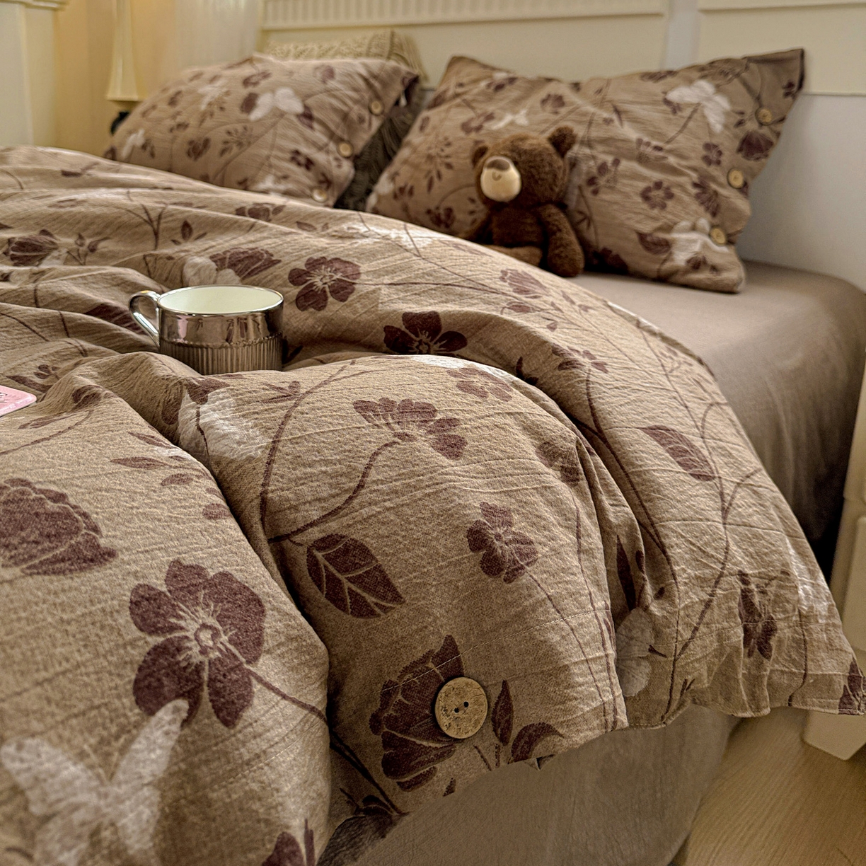 水墨江南 2025新款原麻复古印花纽扣款四件套 蝶恋