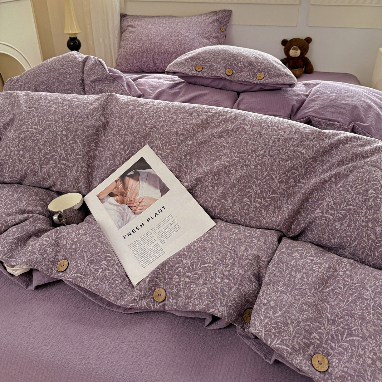 91家纺网 家纺一手货源 找家纺 水墨江南 2025新款原麻复古印花纽扣款四件套 叶影