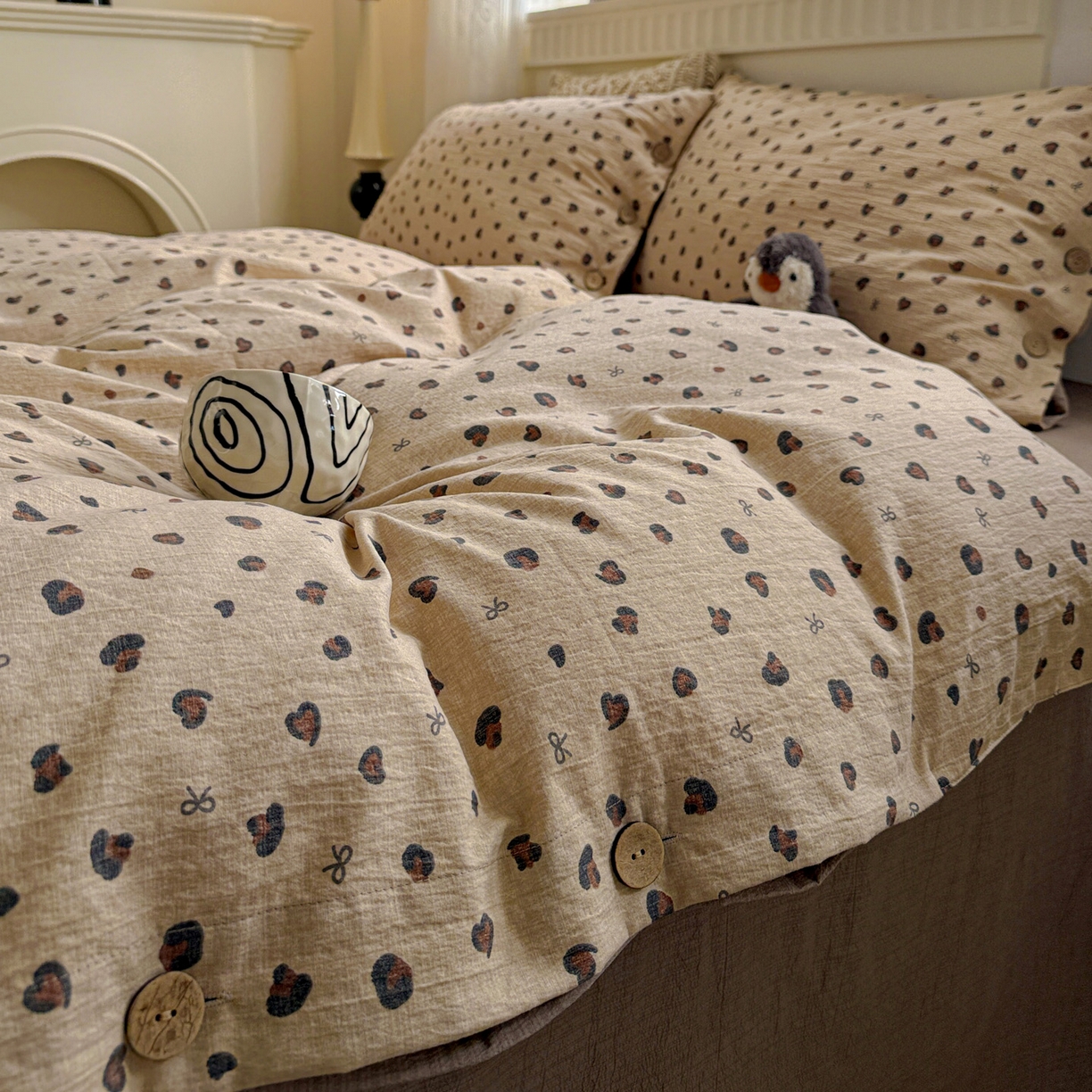 91家纺网 家纺一手货源 找家纺 （总）水墨江南 2025新款原麻复古印花纽扣款四件套