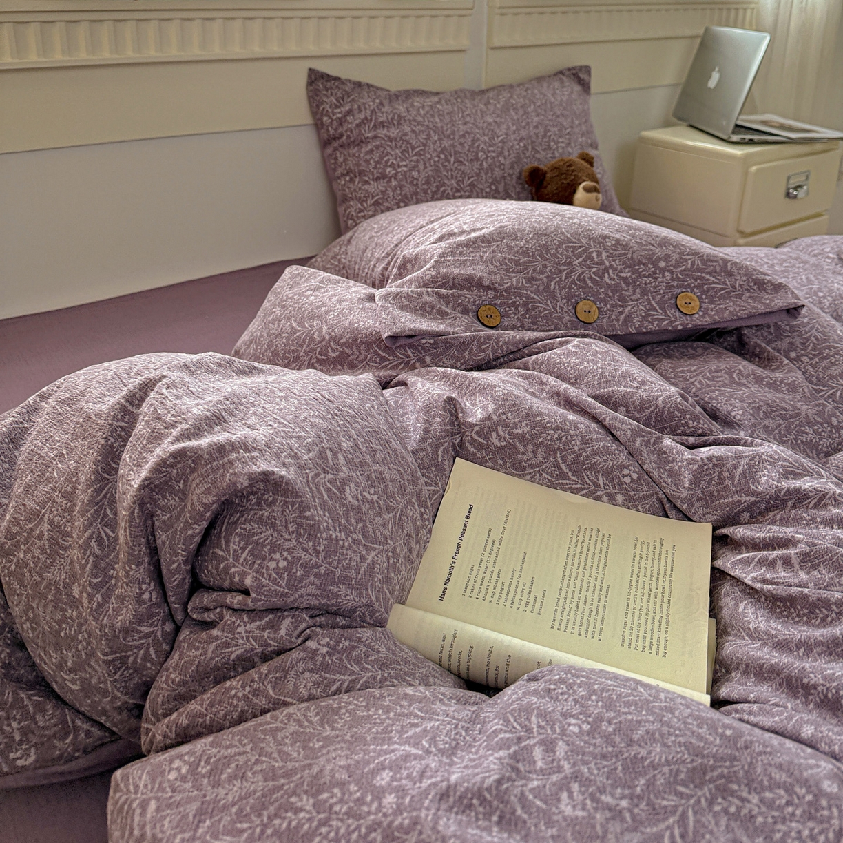 91家纺网 家纺一手货源 找家纺 水墨江南 2025新款原麻复古印花纽扣款四件套 叶影