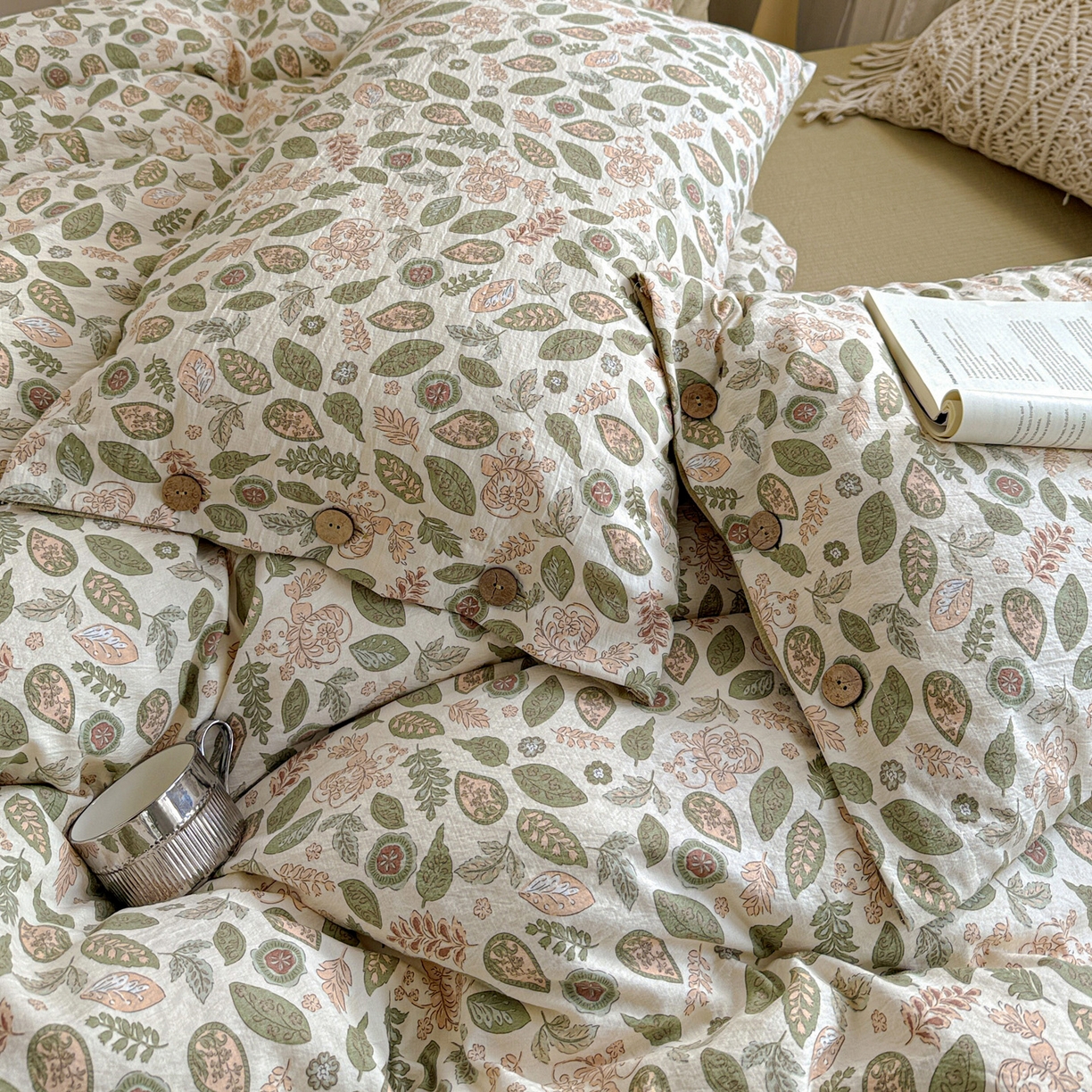 91家纺网 家纺一手货源 找家纺 水墨江南 2025新款原麻复古印花纽扣款四件套 叶羽