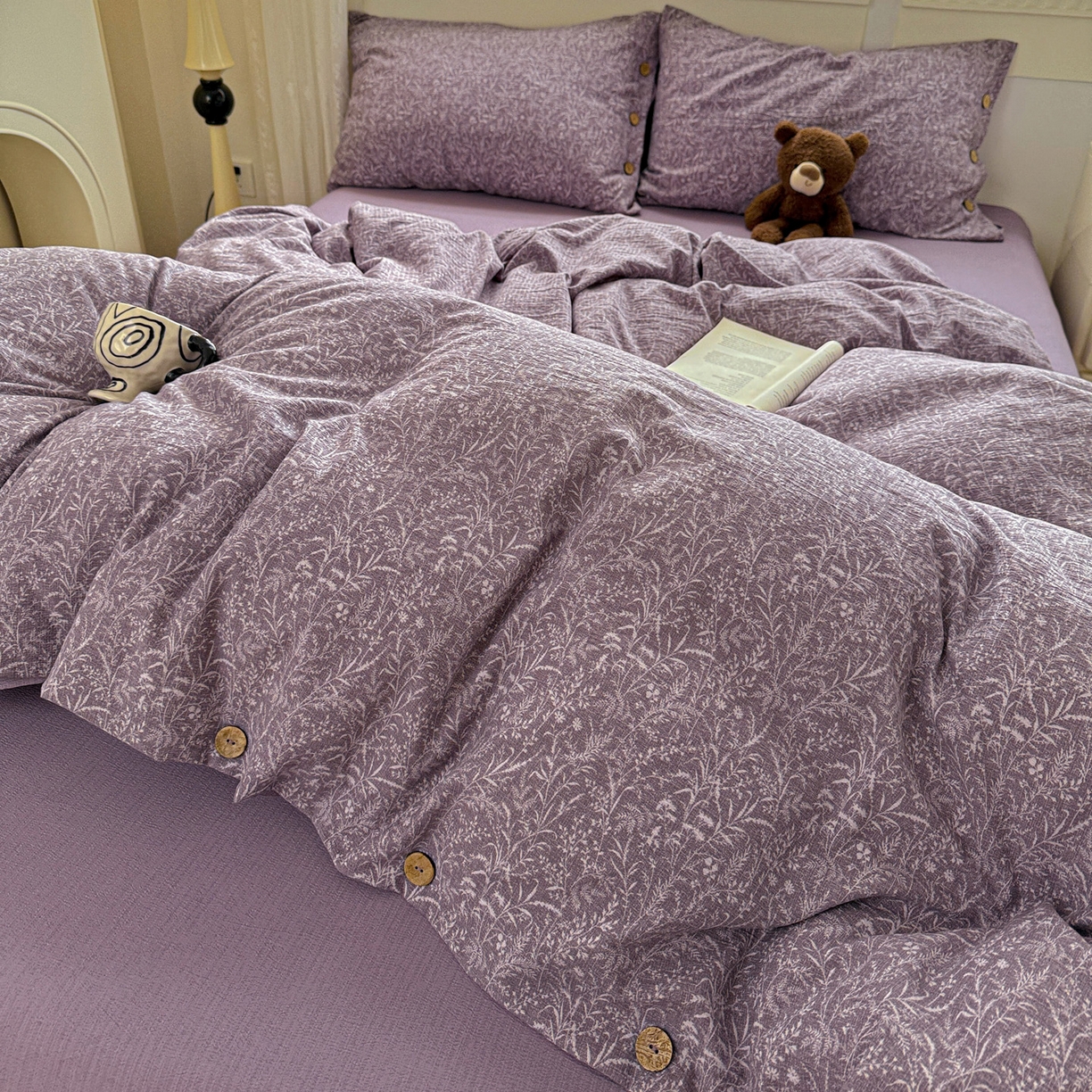 91家纺网 家纺一手货源 找家纺 水墨江南 2025新款原麻复古印花纽扣款四件套 叶影