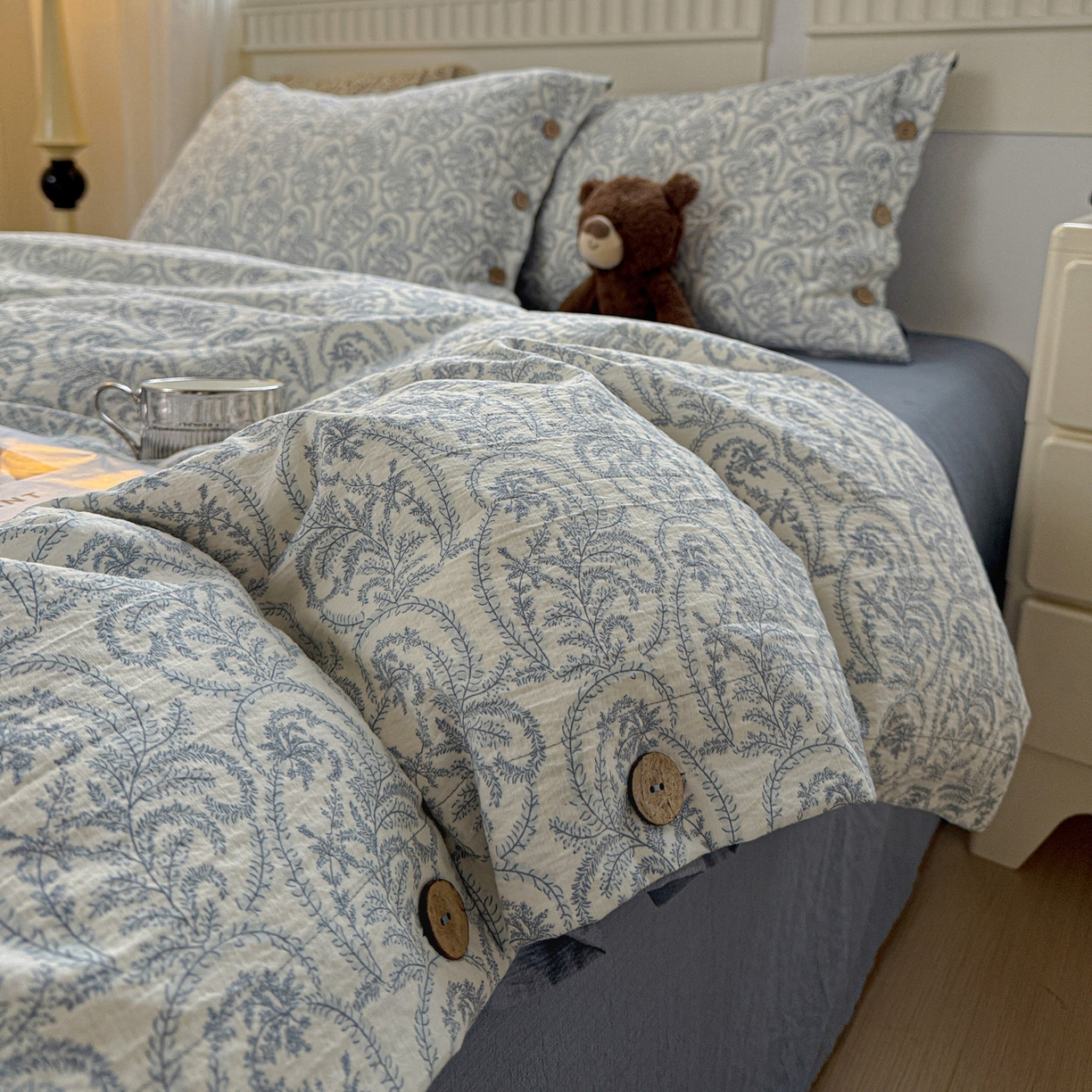 水墨江南 2025新款原麻复古印花纽扣款四件套 青黛