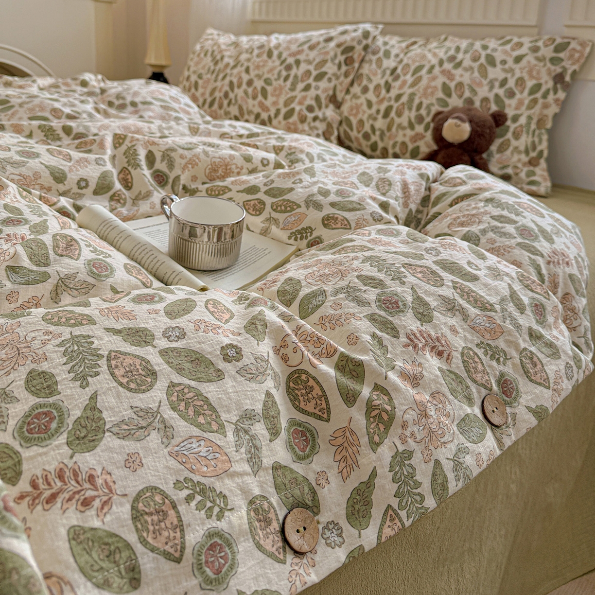 91家纺网 家纺一手货源 找家纺 水墨江南 2025新款原麻复古印花纽扣款四件套 叶羽