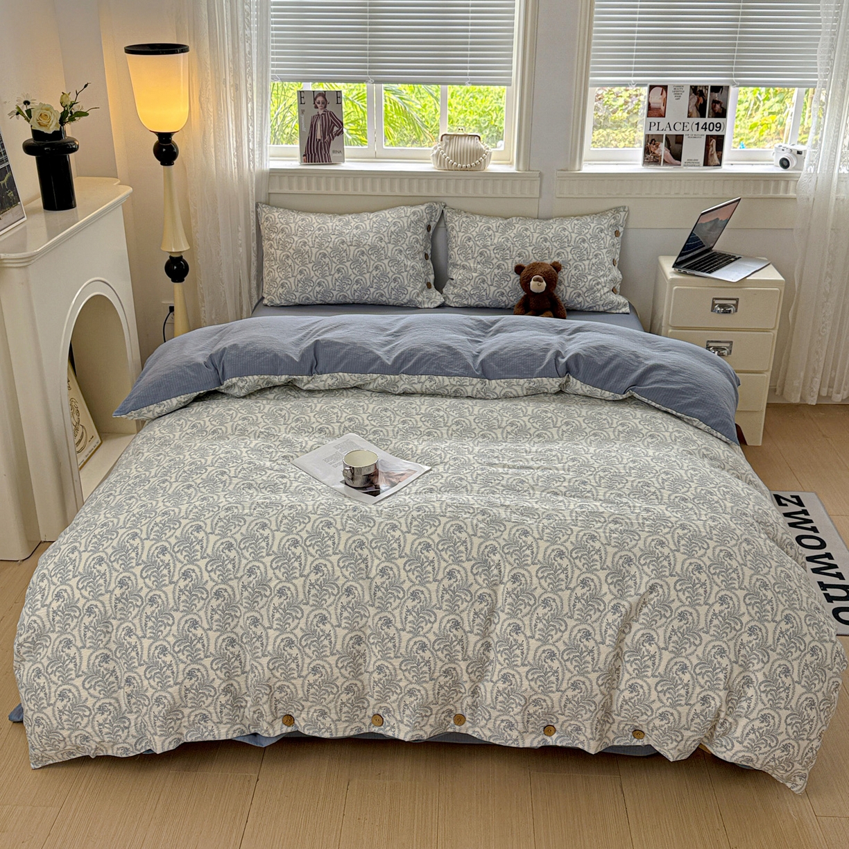 91家纺网 家纺一手货源 找家纺 水墨江南 2025新款原麻复古印花纽扣款四件套 青黛