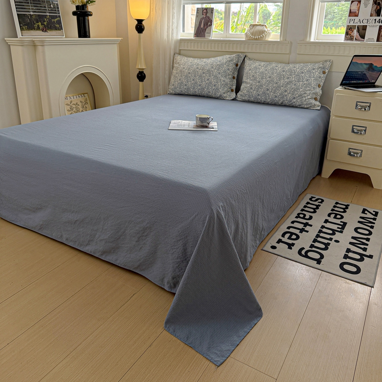 91家纺网 家纺一手货源 找家纺 水墨江南 2025新款原麻复古印花纽扣款四件套 青黛