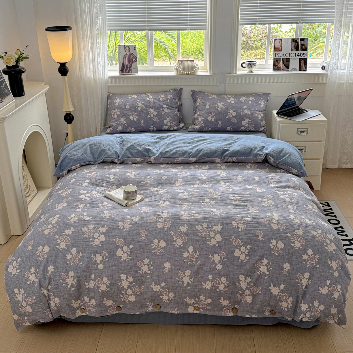 91家纺网 家纺一手货源 找家纺 水墨江南 2025新款原麻复古印花纽扣款四件套 芬芳