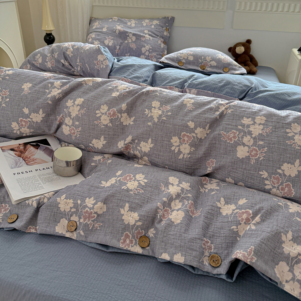 91家纺网 家纺一手货源 找家纺 水墨江南 2025新款原麻复古印花纽扣款四件套 芬芳