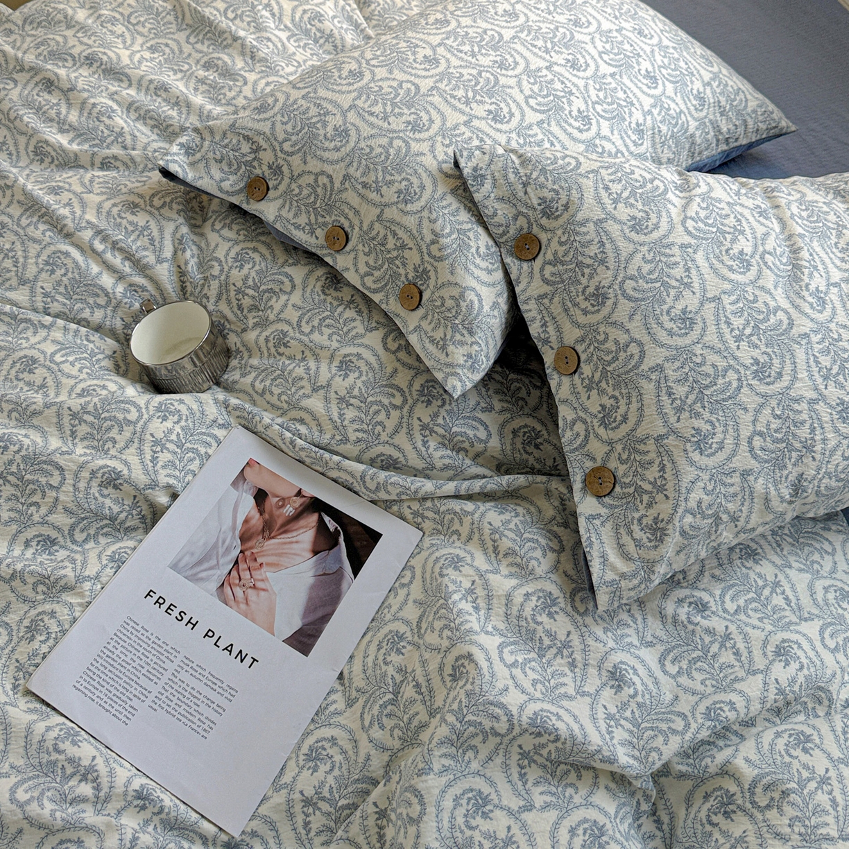 91家纺网 家纺一手货源 找家纺 水墨江南 2025新款原麻复古印花纽扣款四件套 青黛