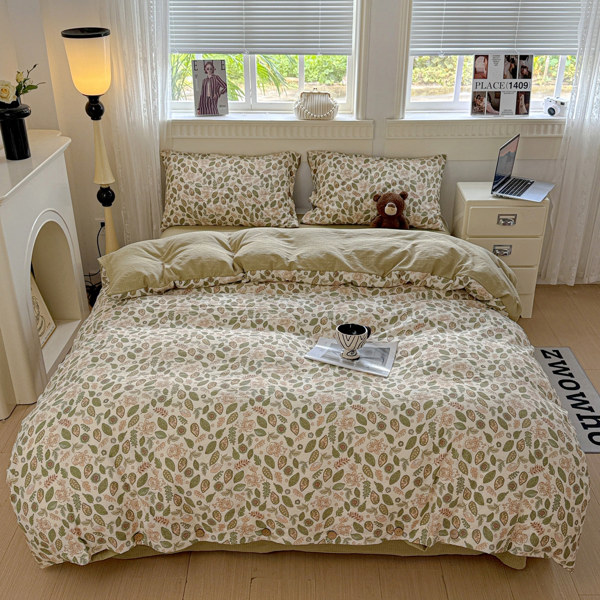 91家纺网 家纺一手货源 找家纺 水墨江南 2025新款原麻复古印花纽扣款四件套 叶羽