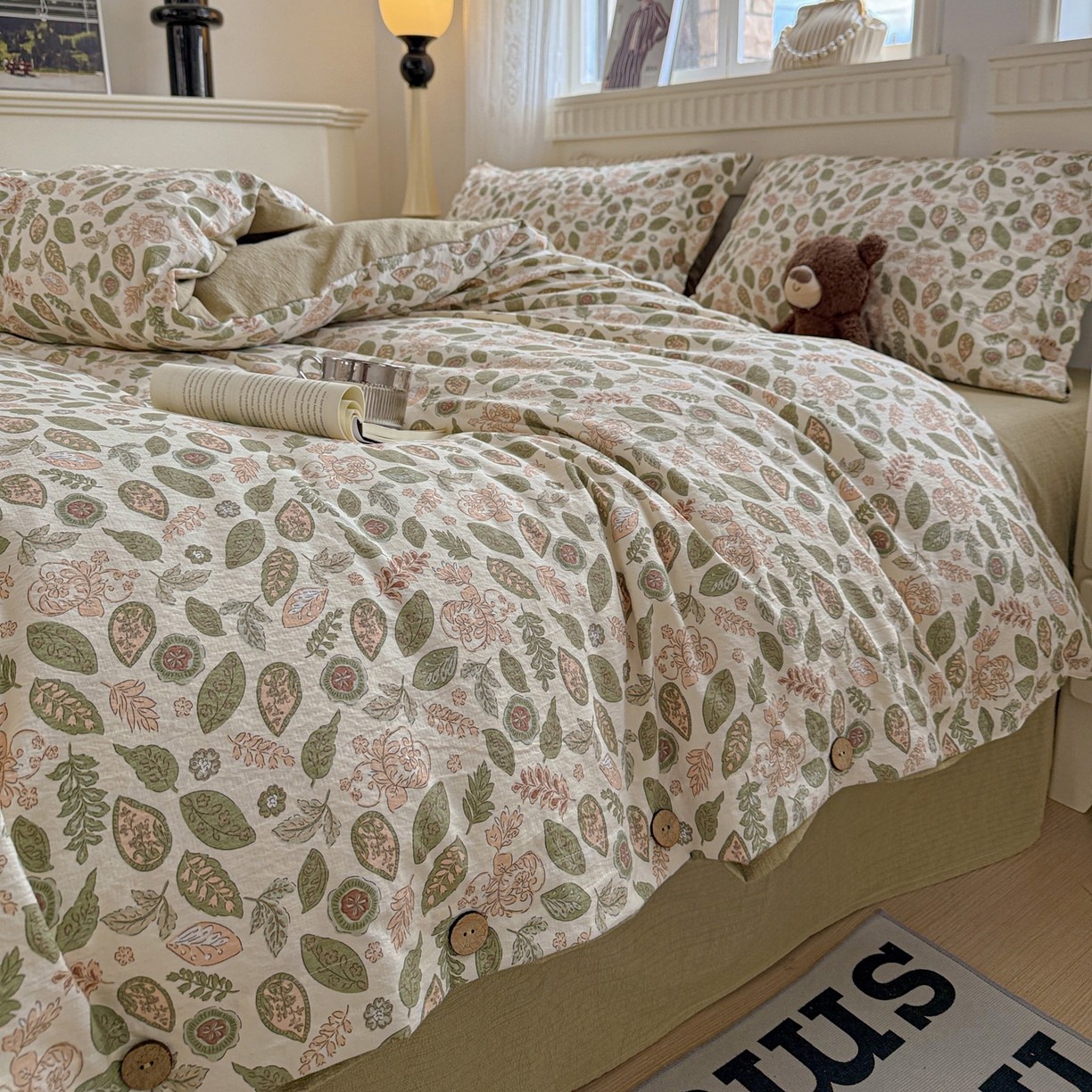 91家纺网 家纺一手货源 找家纺 水墨江南 2025新款原麻复古印花纽扣款四件套 叶羽