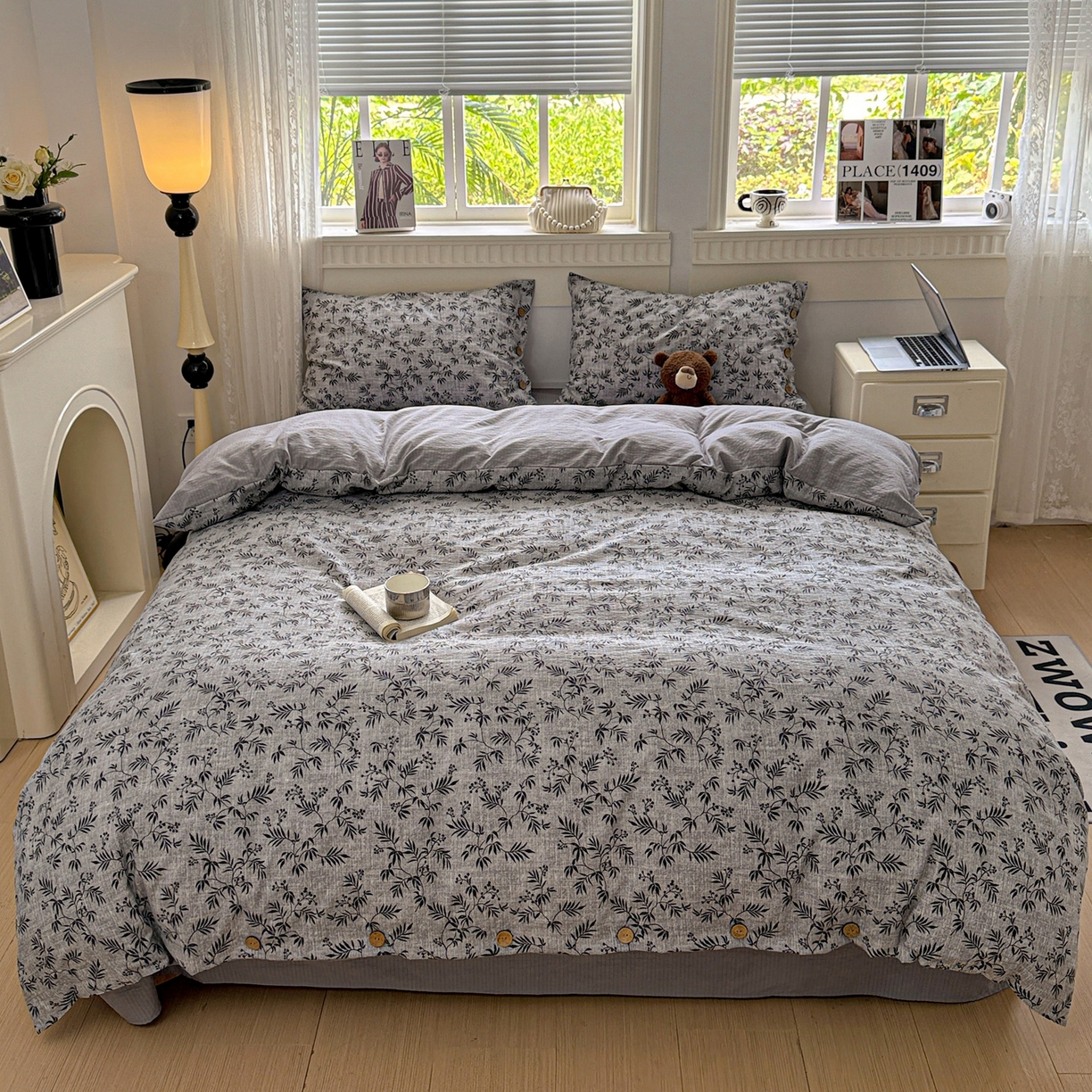 91家纺网 家纺一手货源 找家纺 水墨江南 2025新款原麻复古印花纽扣款四件套 竹韵