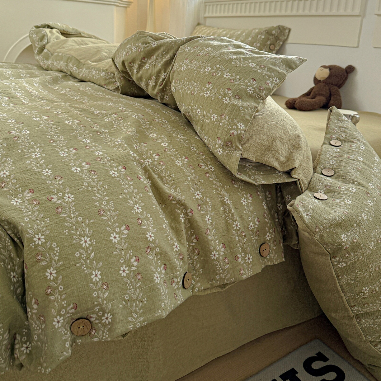 91家纺网 家纺一手货源 找家纺 水墨江南 2025新款原麻复古印花纽扣款四件套 一抹香-绿