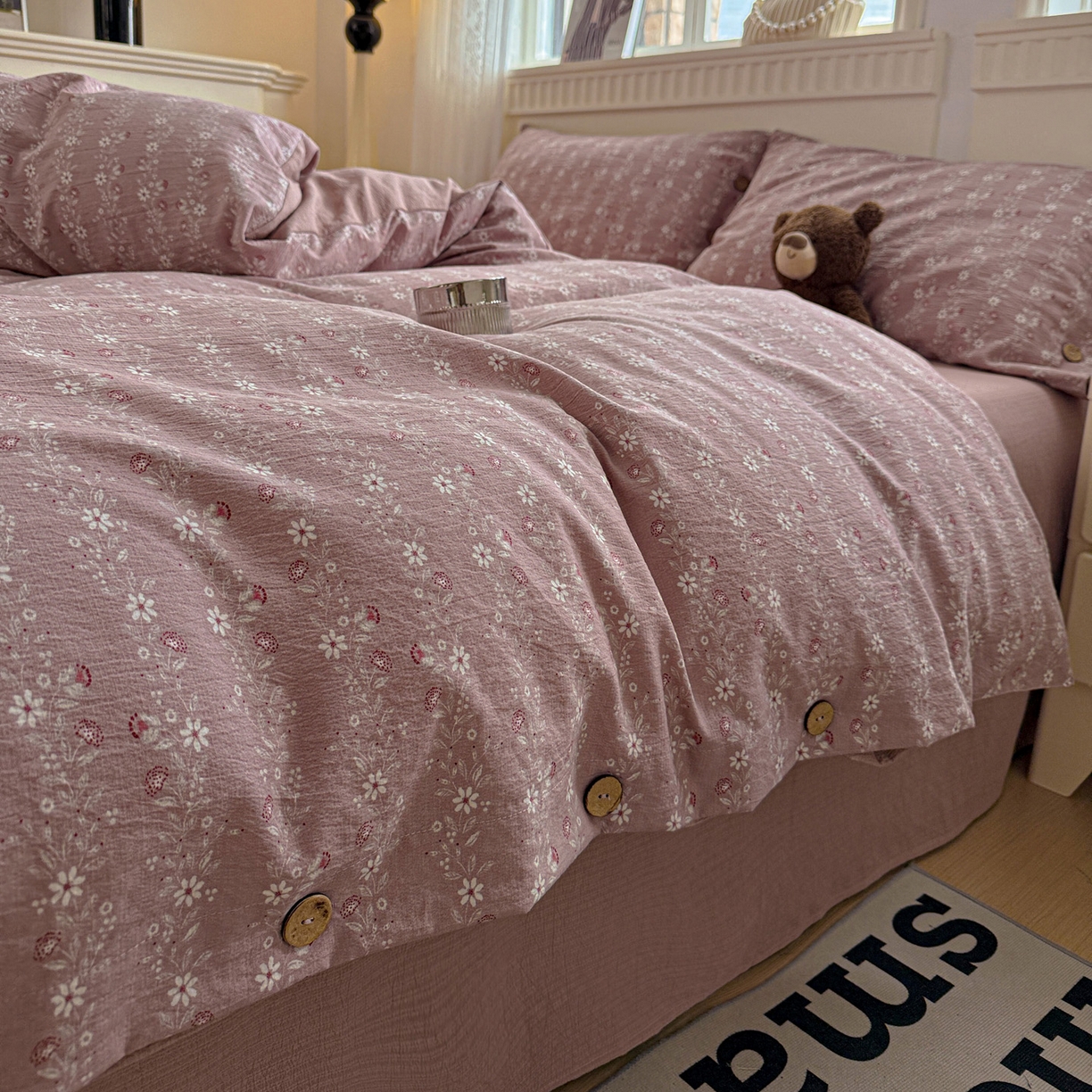 91家纺网 家纺一手货源 找家纺 水墨江南 2025新款原麻复古印花纽扣款四件套 一抹香-豆沙