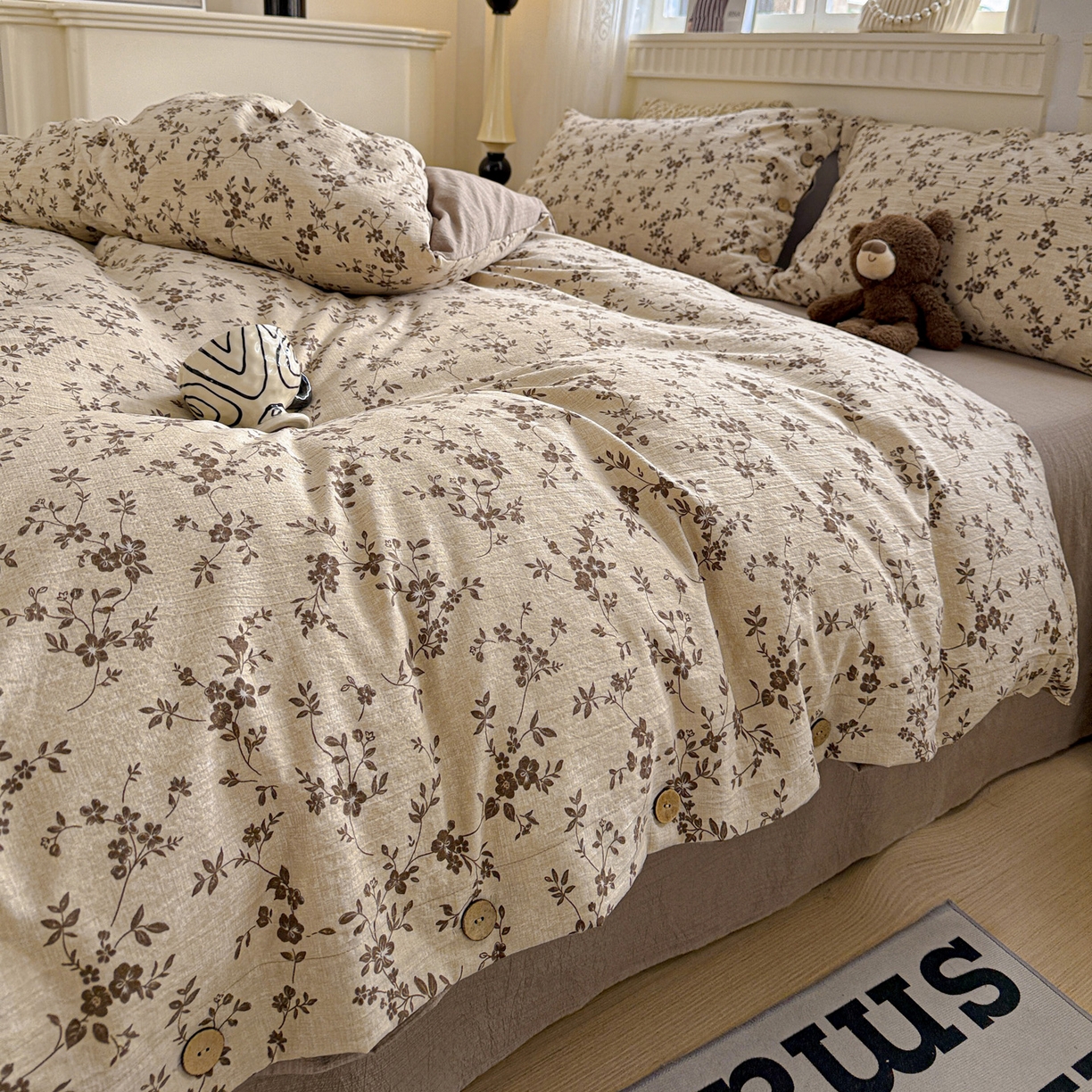 91家纺网 家纺一手货源 找家纺 水墨江南 2025新款原麻复古印花纽扣款四件套 暗香