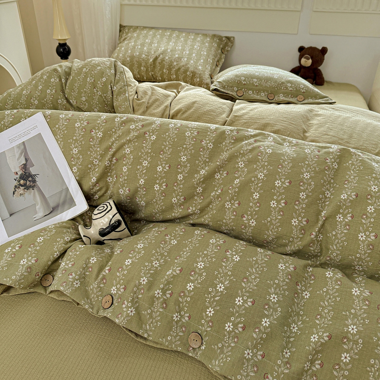 91家纺网 家纺一手货源 找家纺 水墨江南 2025新款原麻复古印花纽扣款四件套 一抹香-绿