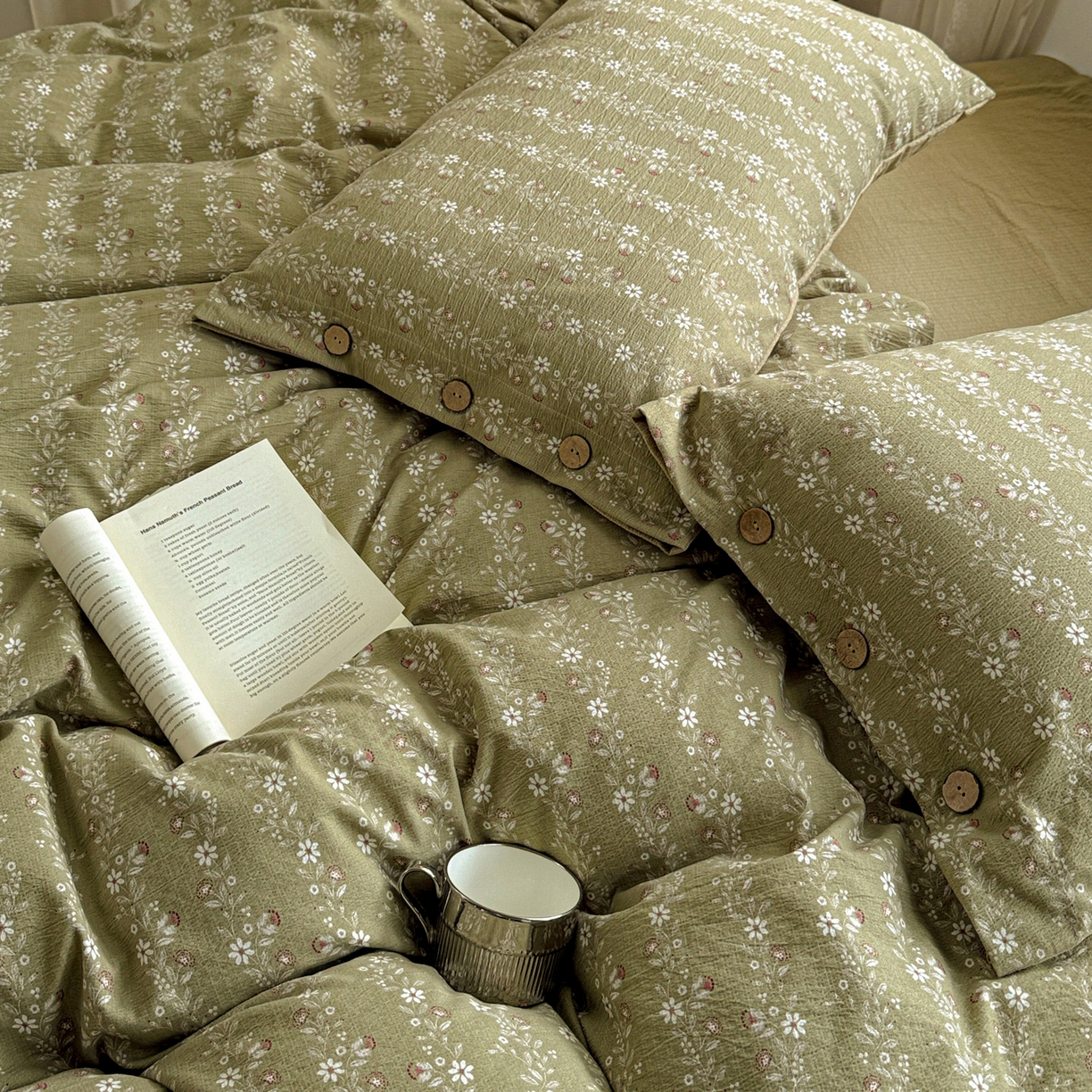 91家纺网 家纺一手货源 找家纺 水墨江南 2025新款原麻复古印花纽扣款四件套 一抹香-绿