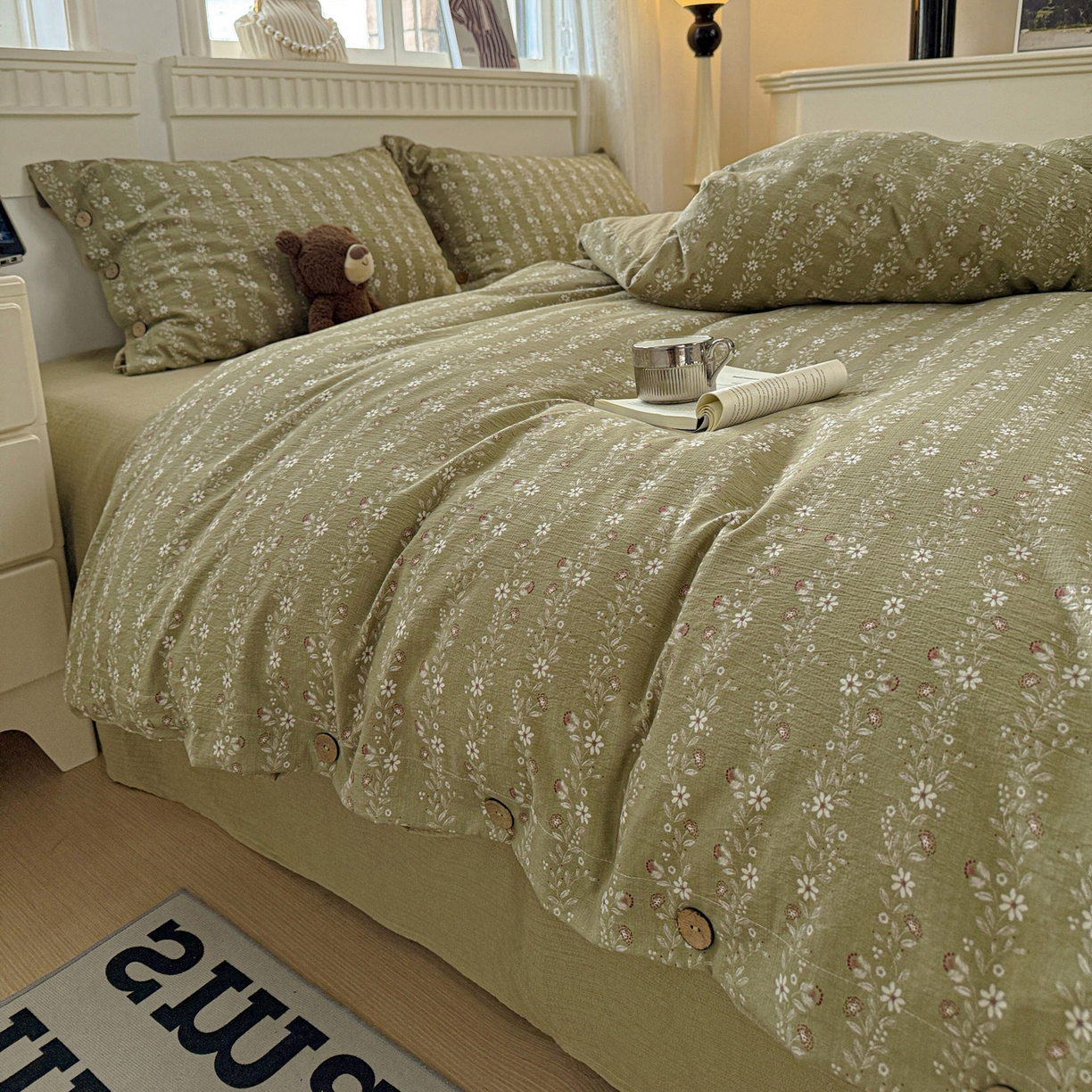 91家纺网 家纺一手货源 找家纺 水墨江南 2025新款原麻复古印花纽扣款四件套 一抹香-绿