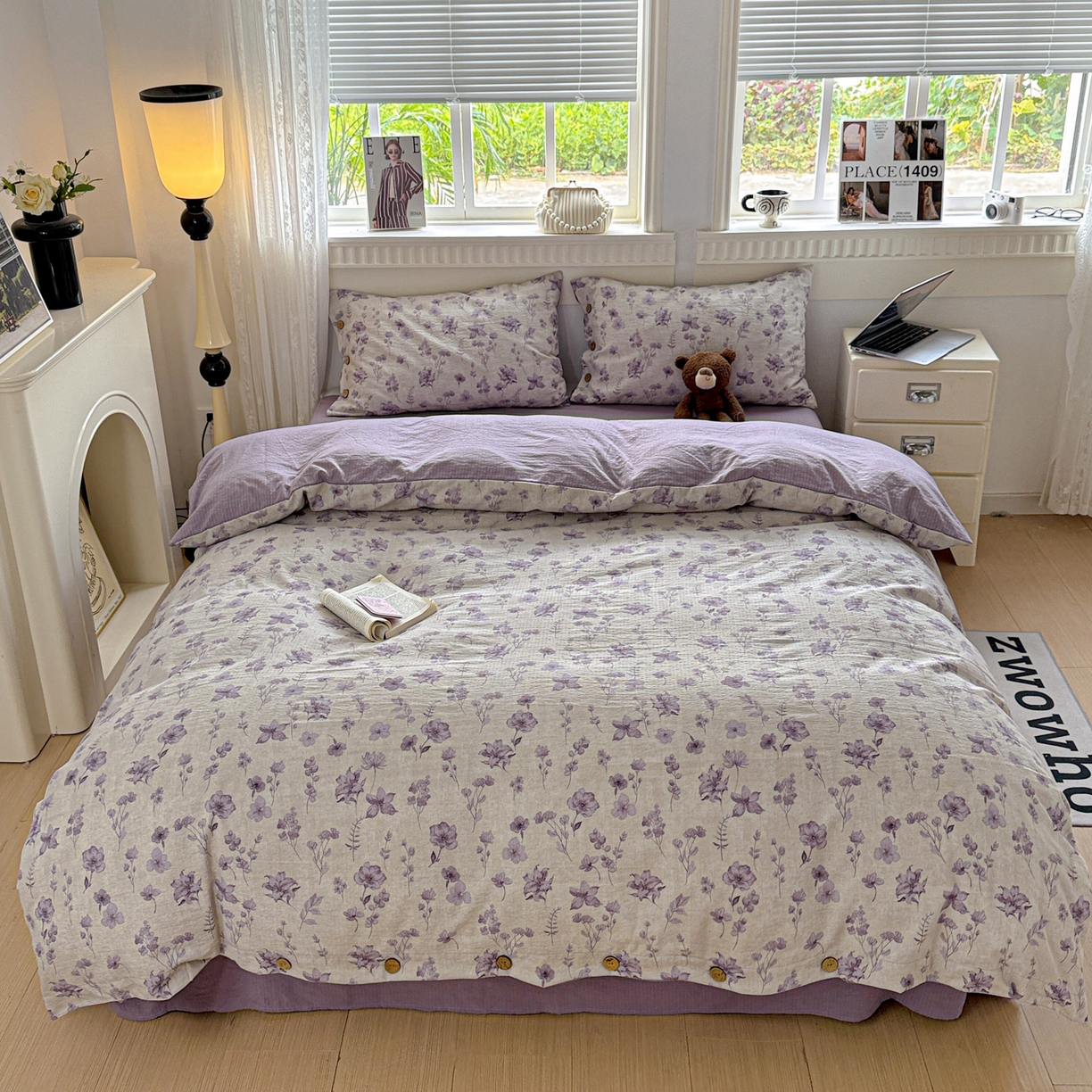 91家纺网 家纺一手货源 找家纺 水墨江南 2025新款原麻复古印花纽扣款四件套 紫藤