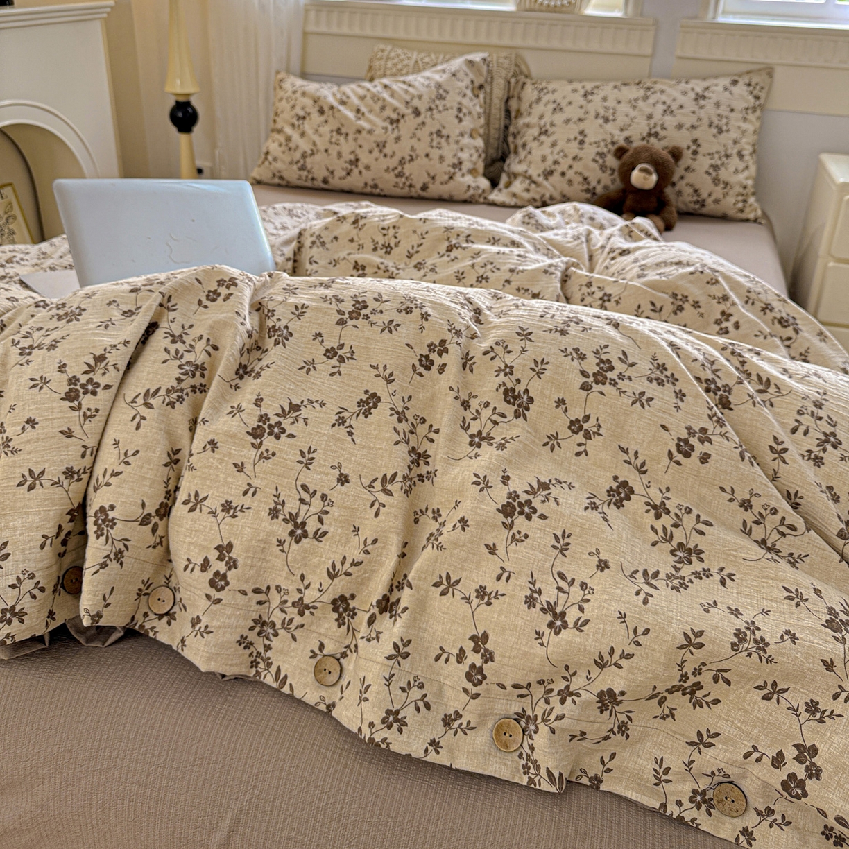 91家纺网 家纺一手货源 找家纺 水墨江南 2025新款原麻复古印花纽扣款四件套 暗香