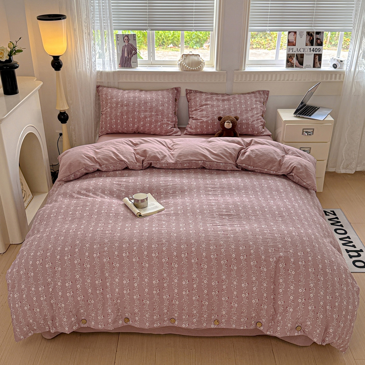 91家纺网 家纺一手货源 找家纺 水墨江南 2025新款原麻复古印花纽扣款四件套 一抹香-豆沙