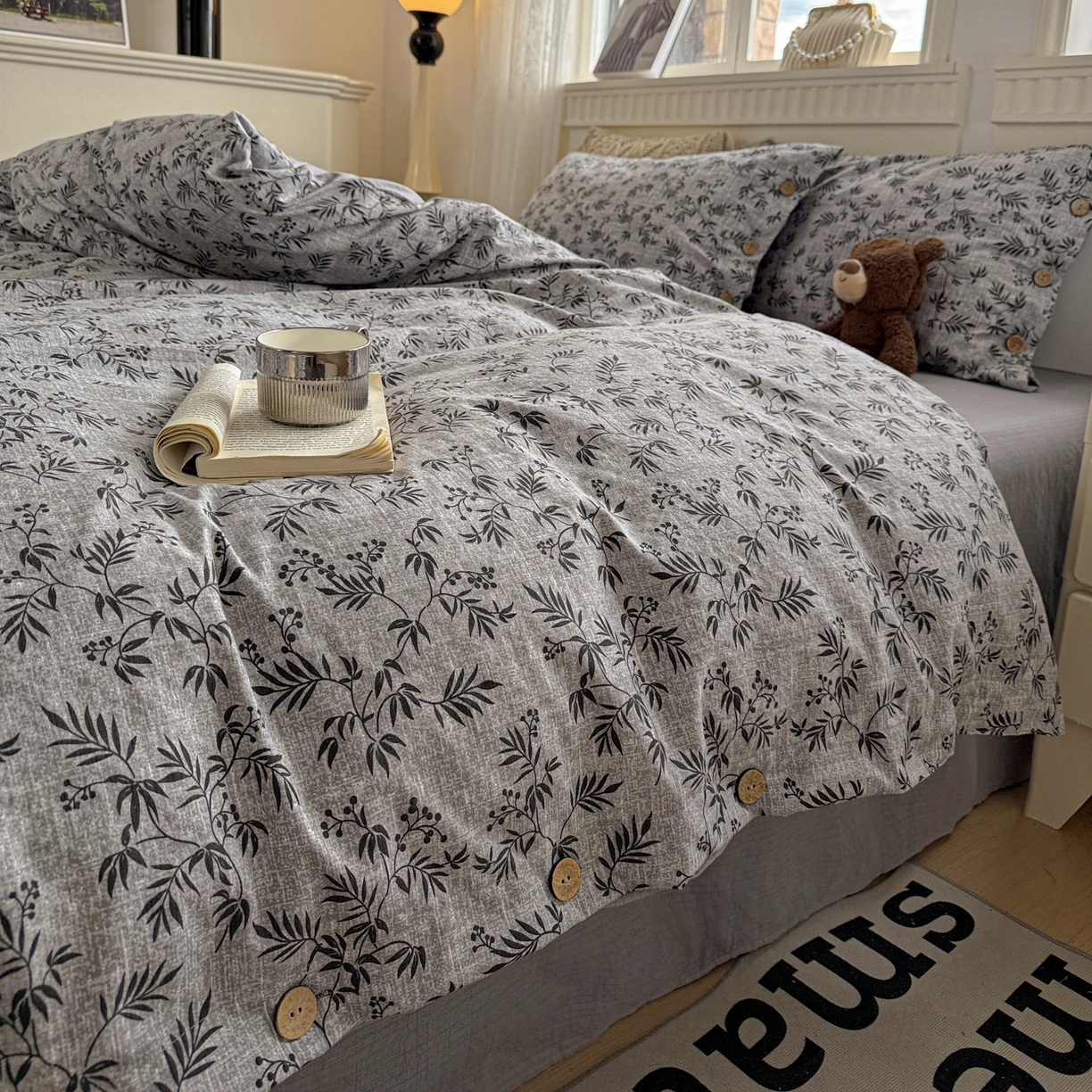 91家纺网 家纺一手货源 找家纺 水墨江南 2025新款原麻复古印花纽扣款四件套 竹韵