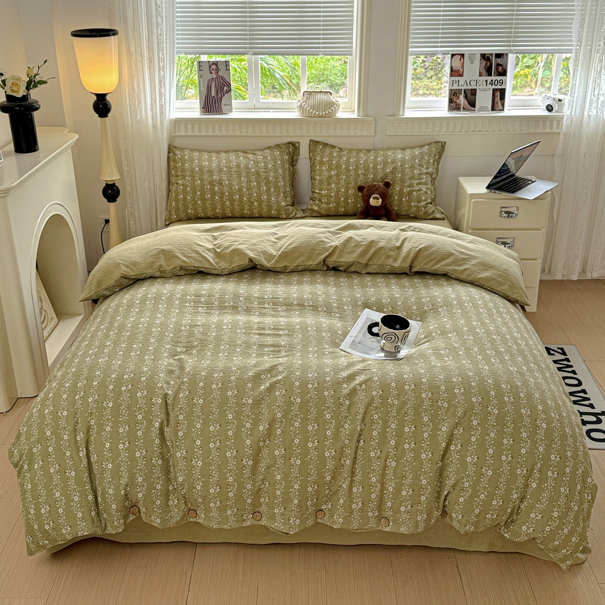 91家纺网 家纺一手货源 找家纺 水墨江南 2025新款原麻复古印花纽扣款四件套 一抹香-绿