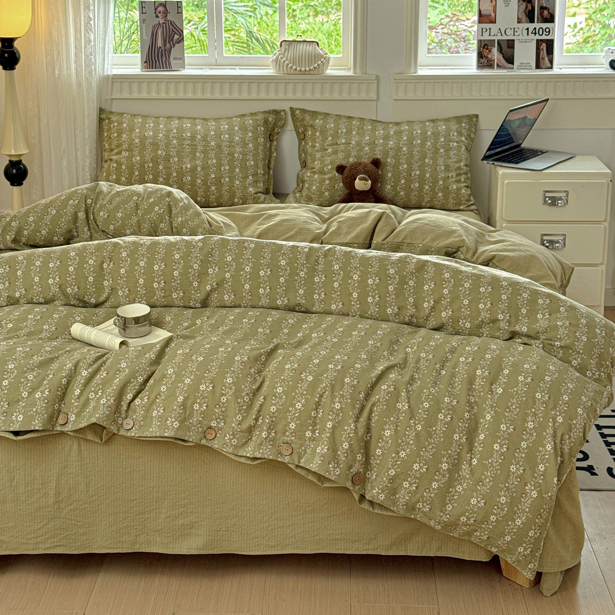 91家纺网 家纺一手货源 找家纺 水墨江南 2025新款原麻复古印花纽扣款四件套 一抹香-绿