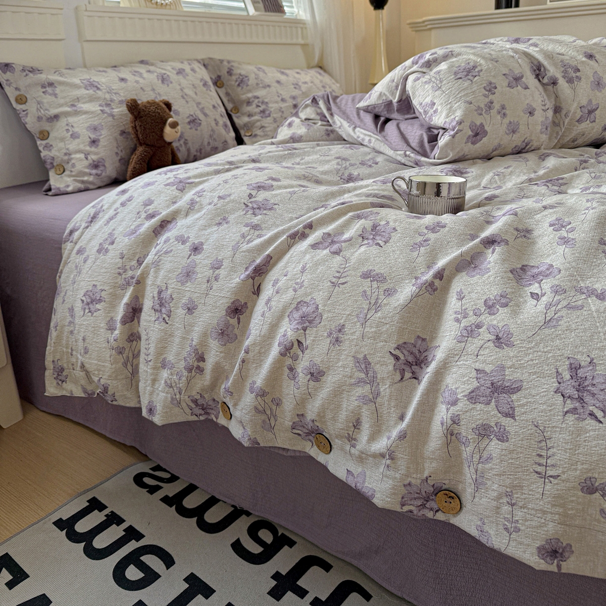 91家纺网 家纺一手货源 找家纺 水墨江南 2025新款原麻复古印花纽扣款四件套 紫藤