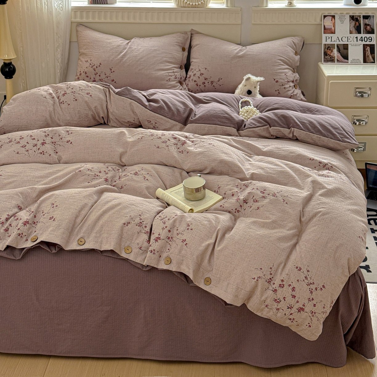 91家纺网 家纺一手货源 找家纺 水墨江南 2025新款原麻复古印花纽扣款四件套 繁花