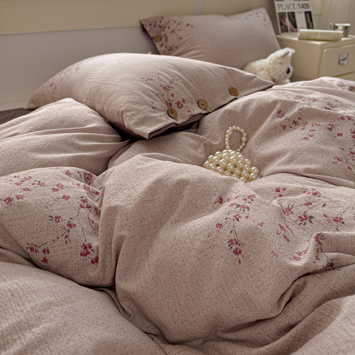 91家纺网 家纺一手货源 找家纺 水墨江南 2025新款原麻复古印花纽扣款四件套 繁花