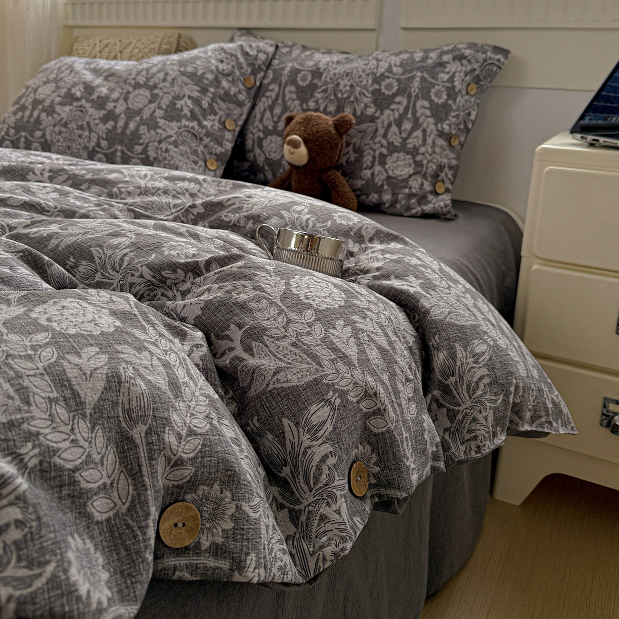 水墨江南 2025新款原麻复古印花纽扣款四件套 锦簇-灰