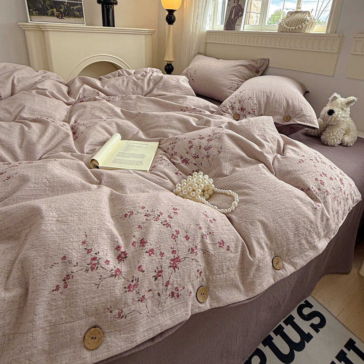 91家纺网 家纺一手货源 找家纺 水墨江南 2025新款原麻复古印花纽扣款四件套 繁花