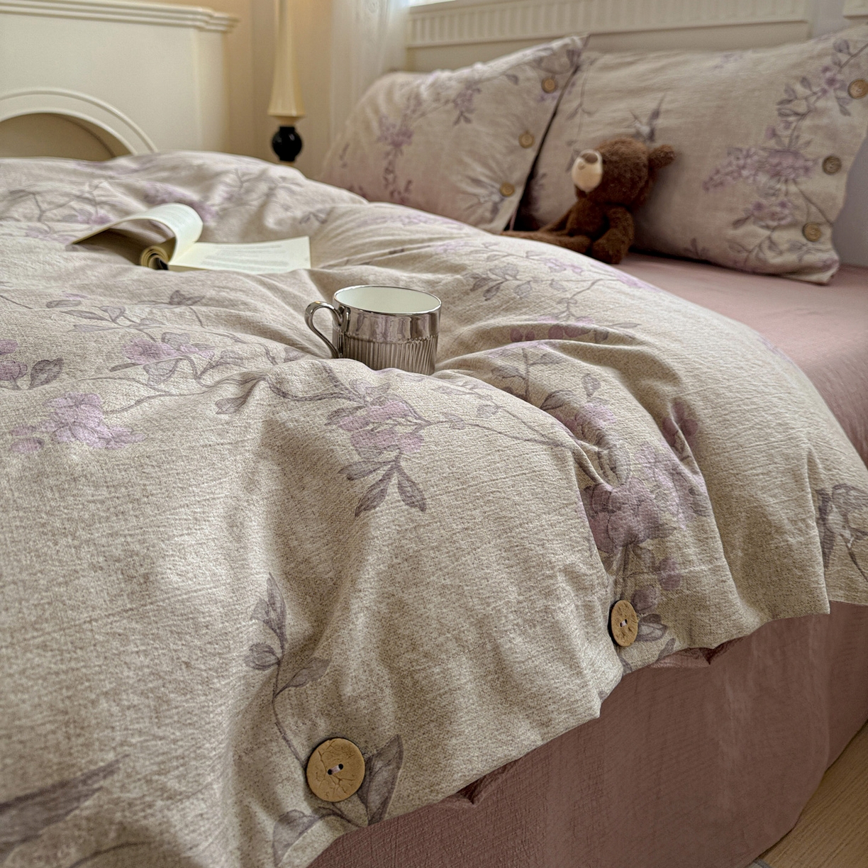 水墨江南 2025新款原麻复古印花纽扣款四件套 凤求凰