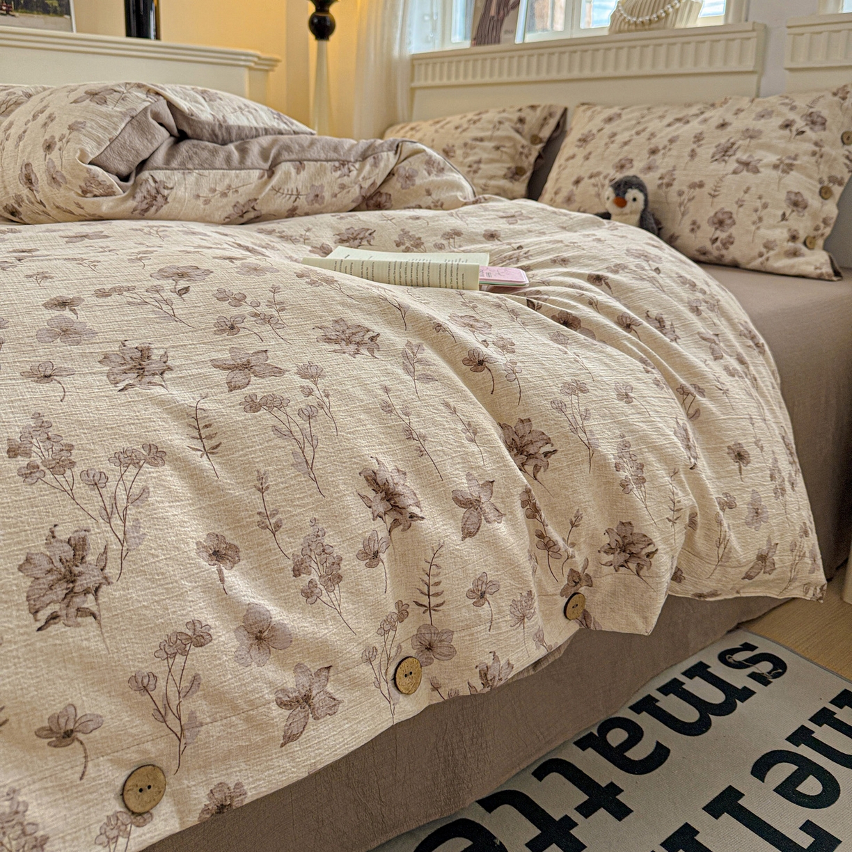 91家纺网 家纺一手货源 找家纺 水墨江南 2025新款原麻复古印花纽扣款四件套 花影