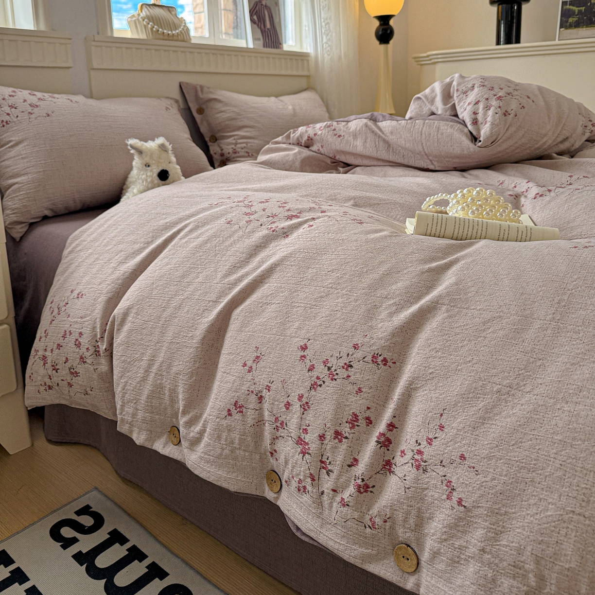 91家纺网 家纺一手货源 找家纺 水墨江南 2025新款原麻复古印花纽扣款四件套 繁花