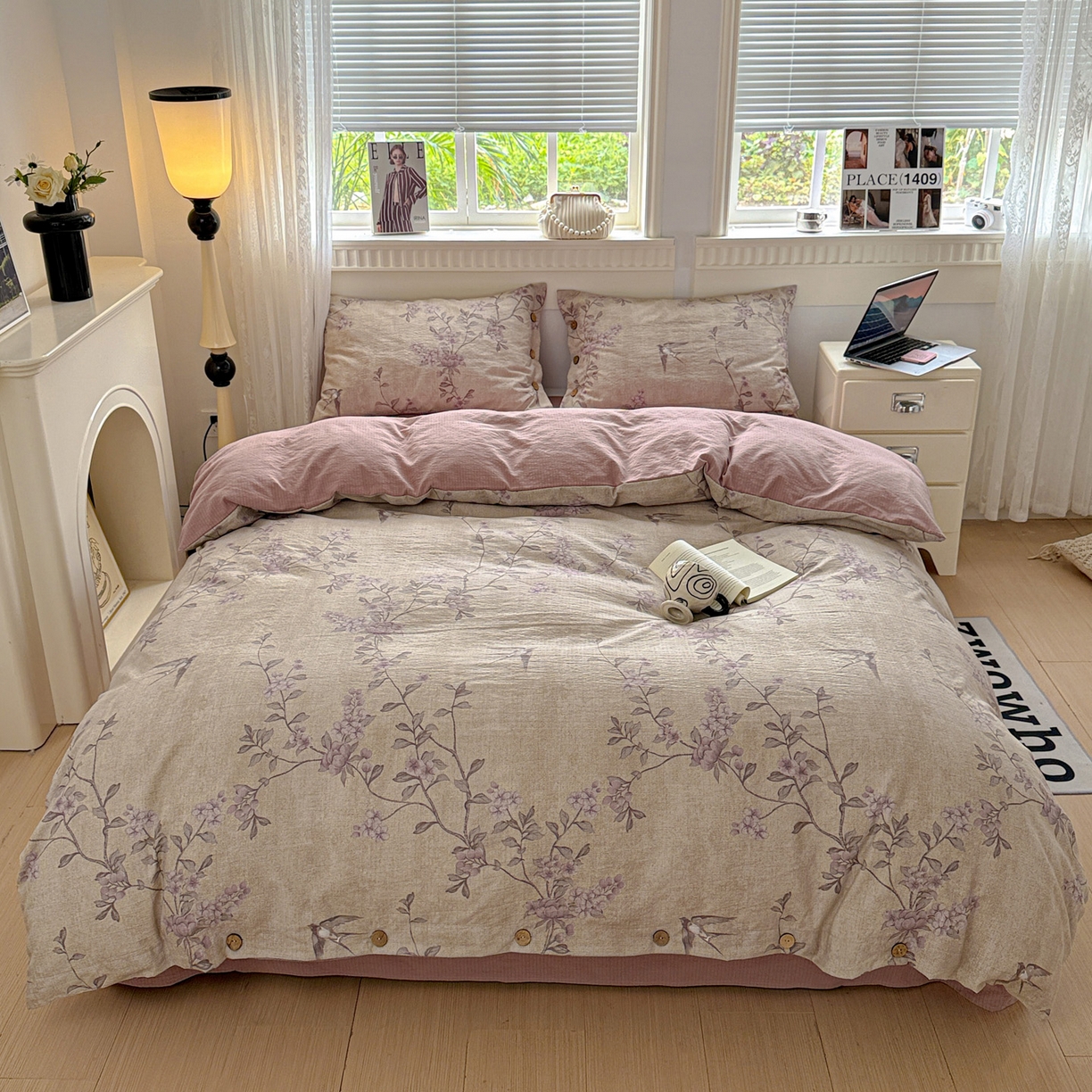 91家纺网 家纺一手货源 找家纺 水墨江南 2025新款原麻复古印花纽扣款四件套 凤求凰