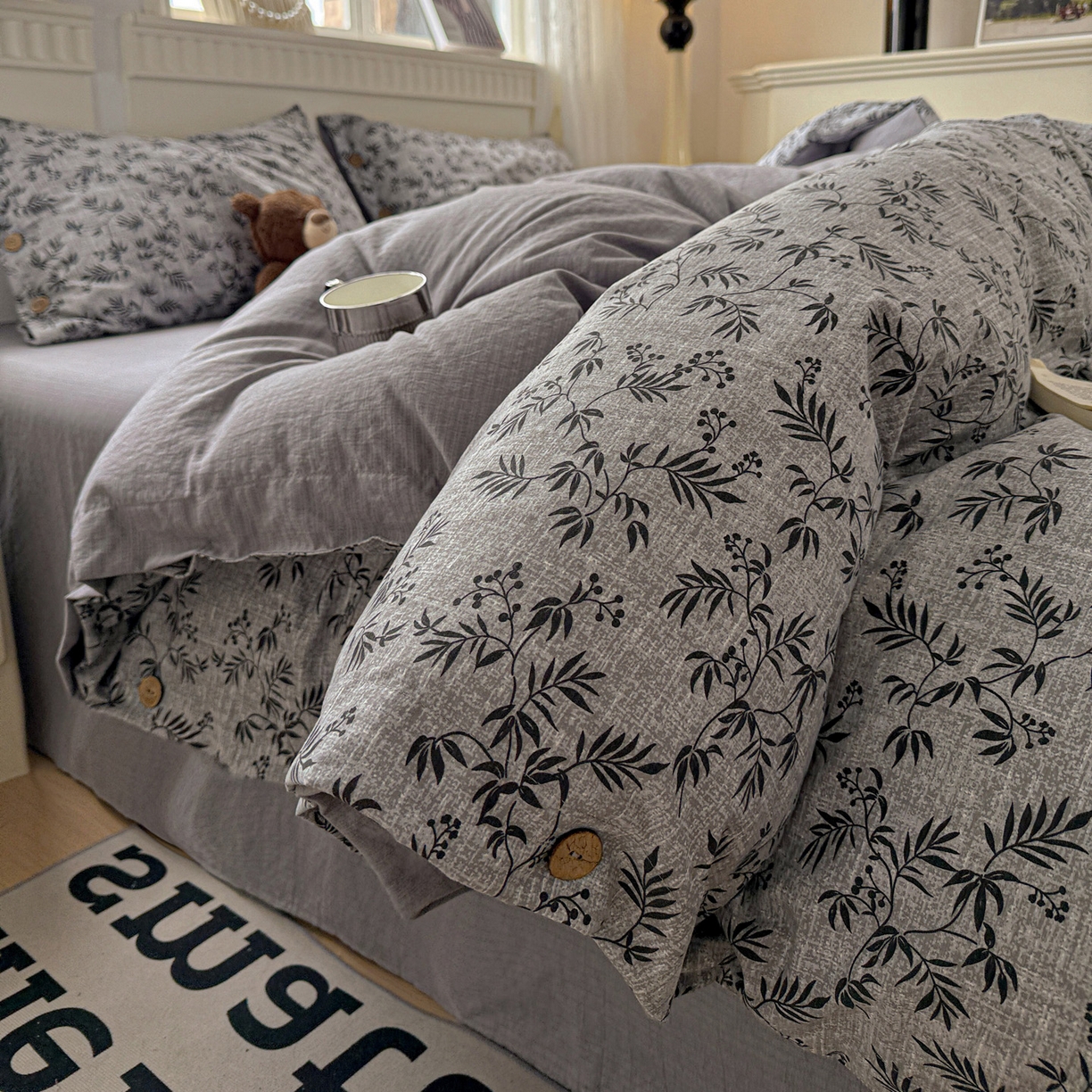 91家纺网 家纺一手货源 找家纺 水墨江南 2025新款原麻复古印花纽扣款四件套 竹韵